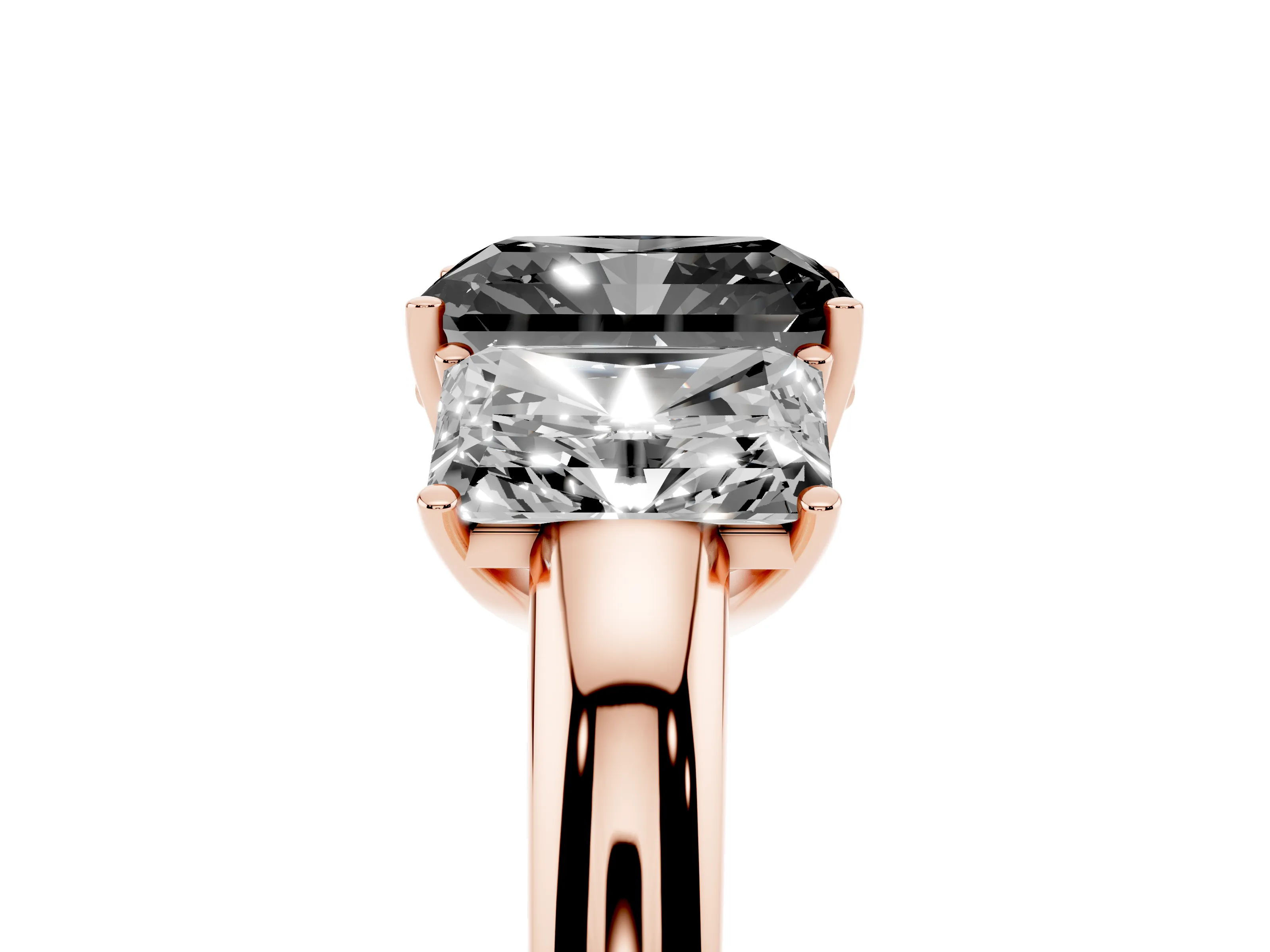 Fancy Black Radiant Cut Diamond Three-Stone Ring Set in Rose gold with Bold Center and Classic Band