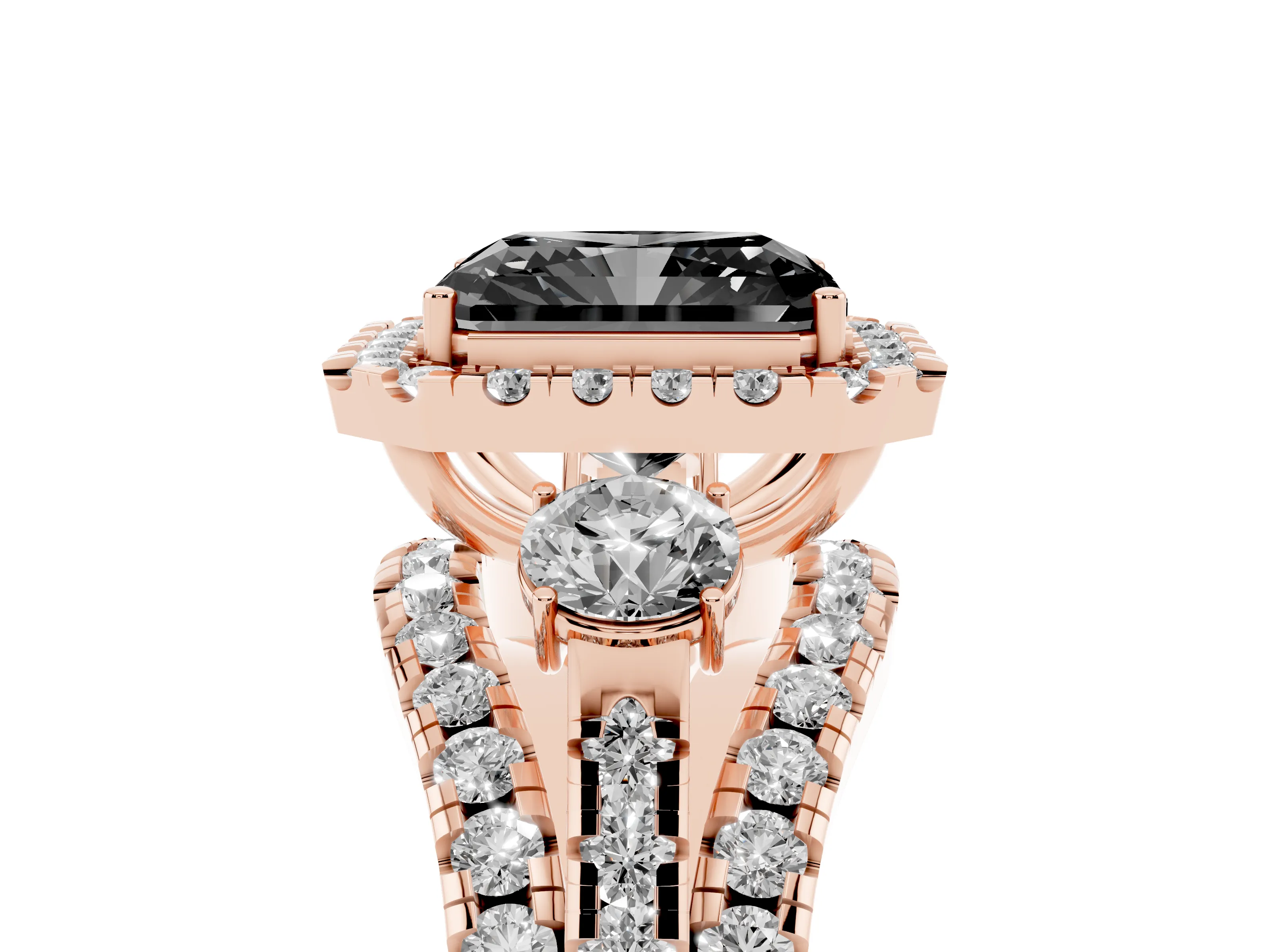 Fancy Black Radiant Cut Diamond Halo Split Shank Ring Set in Rose gold with Round Accent Stones and Prong Setting