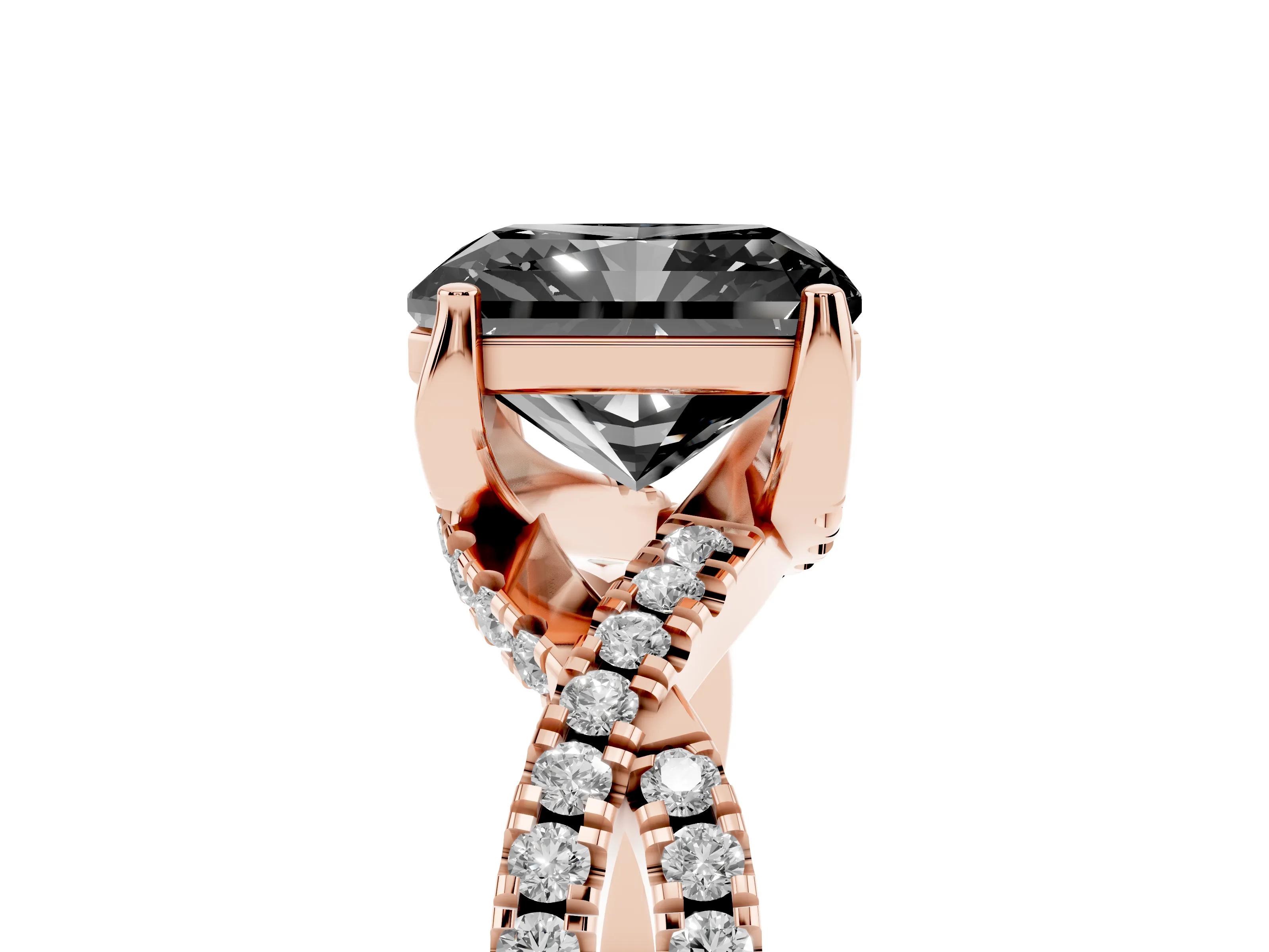 Fancy Black Radiant Cut Diamond Twist Pavé Solitaire Engagement Ring Set in Rose gold with Prong Setting
