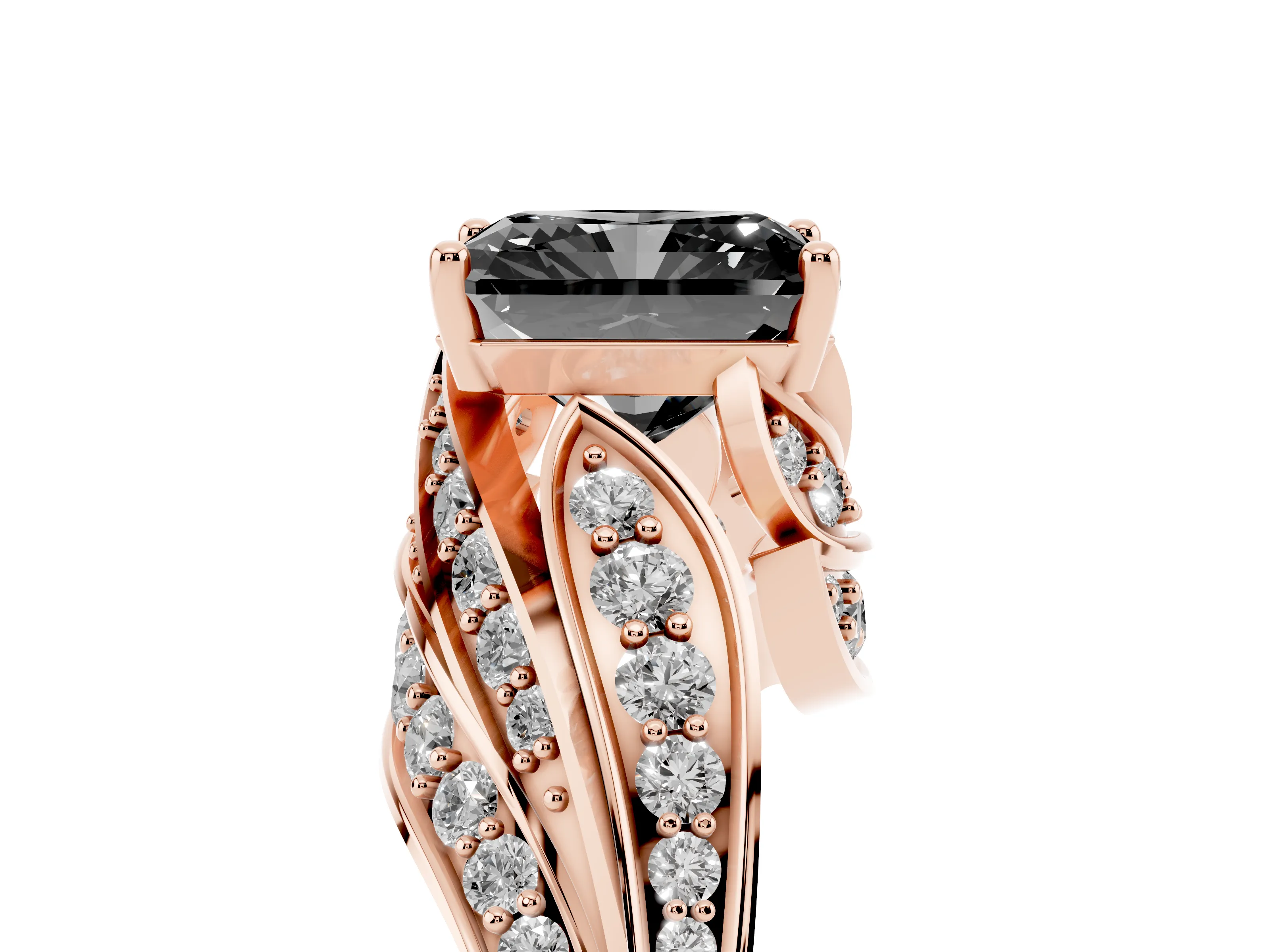Fancy Black Radiant Cut Diamond Solitaire Ring Set in Rose gold with Layered Twist Pavé Band