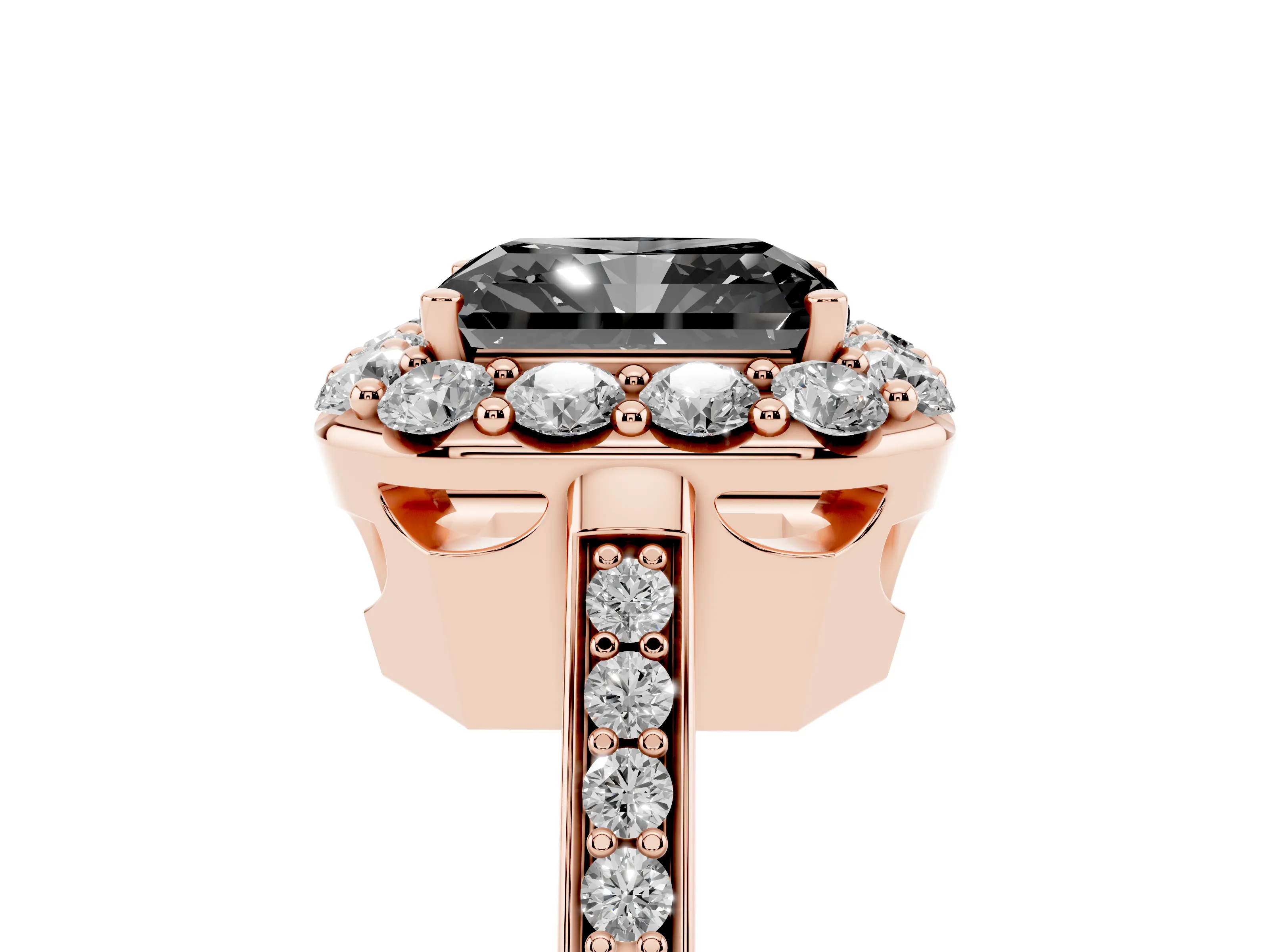 Fancy Black Radiant Cut Diamond Floral Halo Ring Set in Rose gold with Pavé Band and Prong Setting