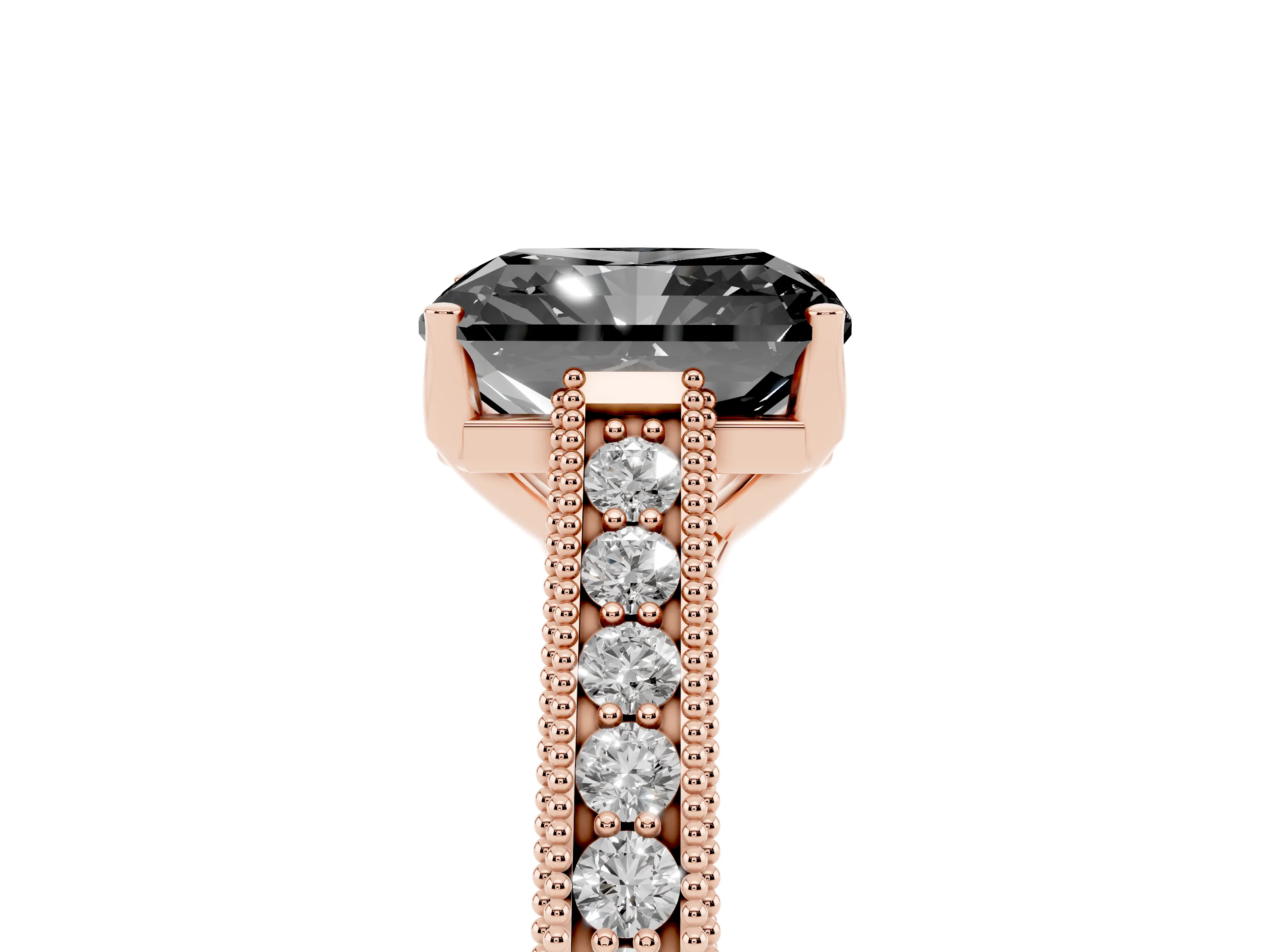 Fancy Black Radiant Cut Diamond Milgrain Pavé Band Solitaire Ring Set in Rose gold with Prong Setting