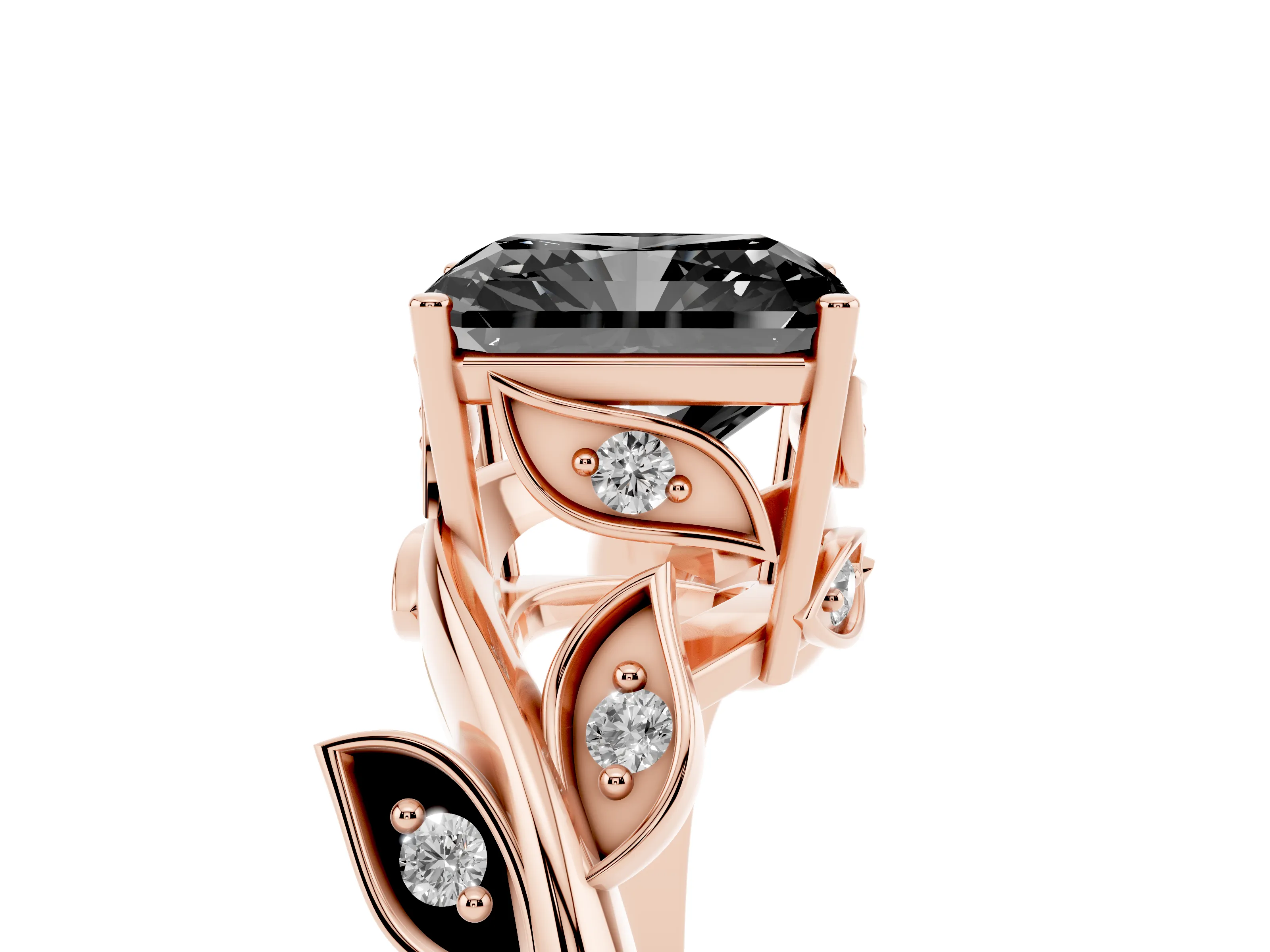 Fancy Black Radiant Cut Diamond Solitaire Twist Engagement Ring Set in Rose gold with Pavé Leaf Accents