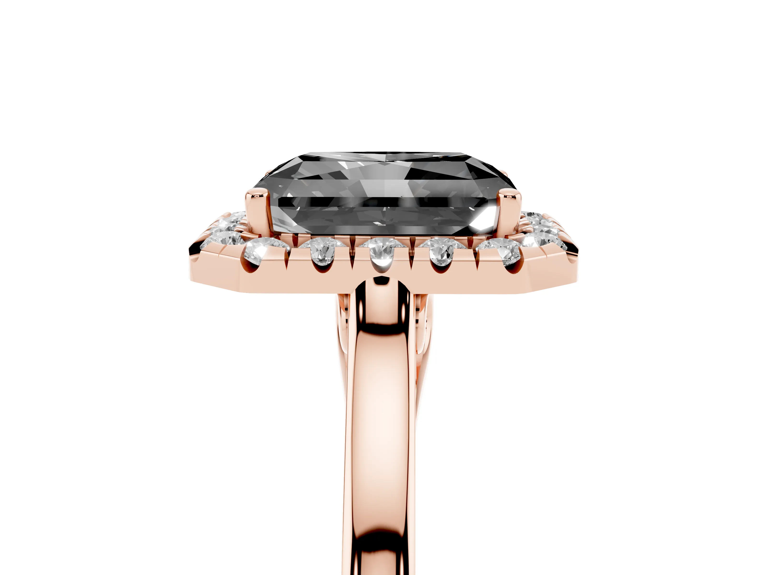 Fancy Black Radiant Cut Halo Round Diamond Solitaire Ring Set in Rose gold with Pavé Band and Prong Setting