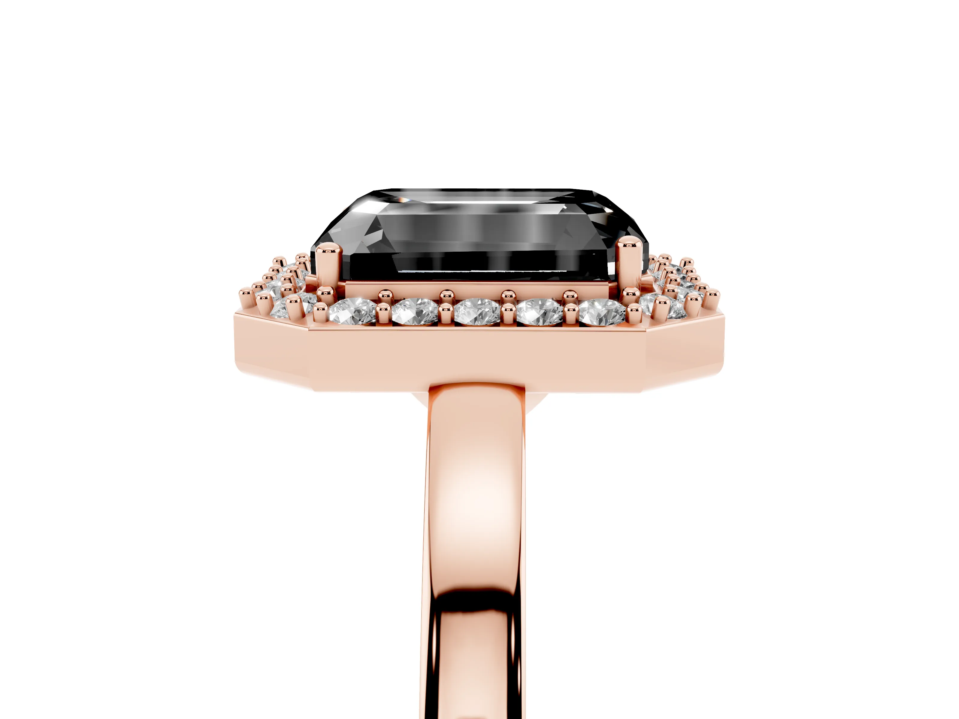 Fancy Black Radiant Cut Diamond Halo Ring Set in Rose gold with Solitaire Band and Prong Setting