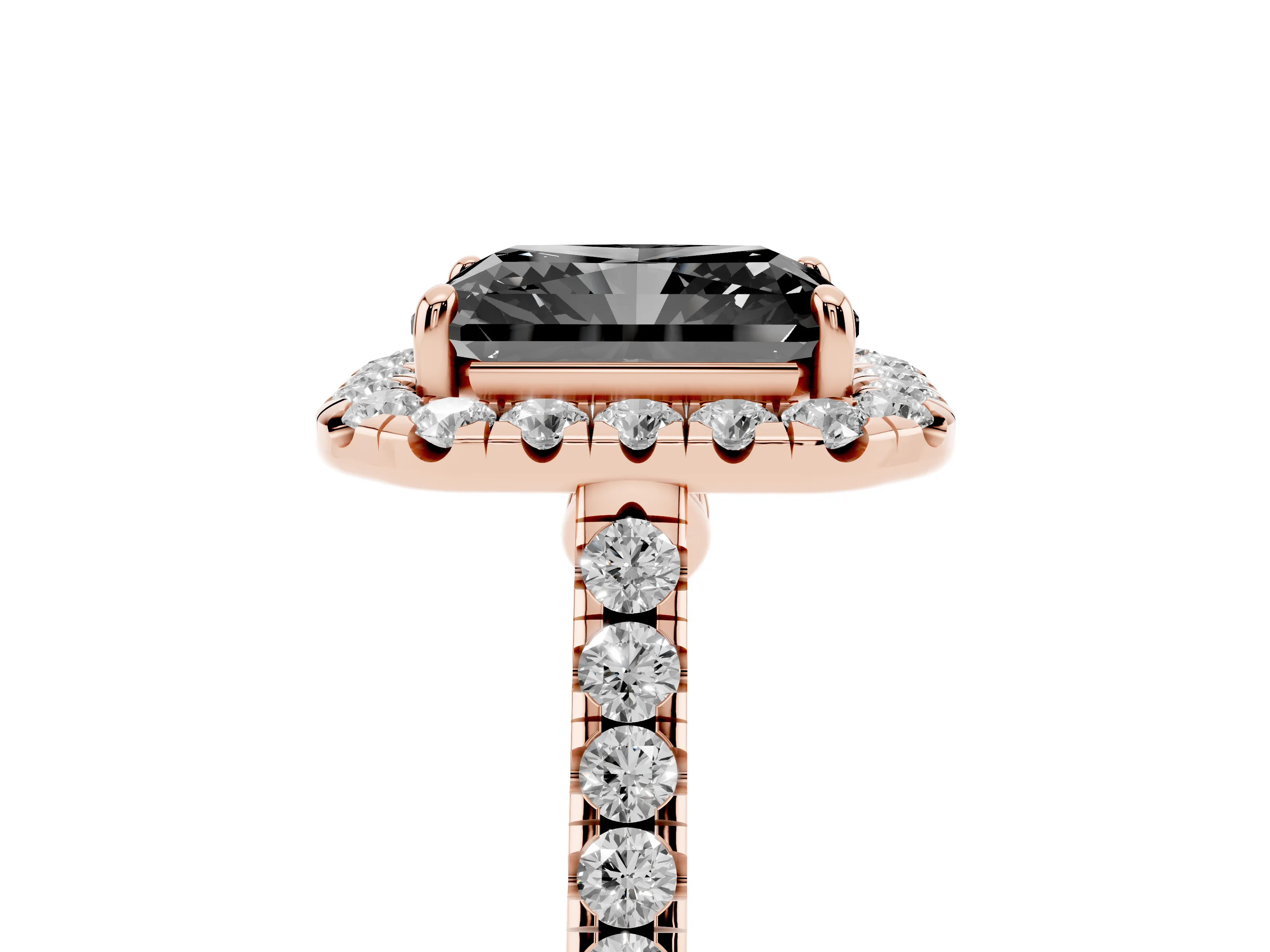Fancy Black Radiant Cut Diamond Halo Pavé Engagement Ring Set in Rose gold with Prong Setting