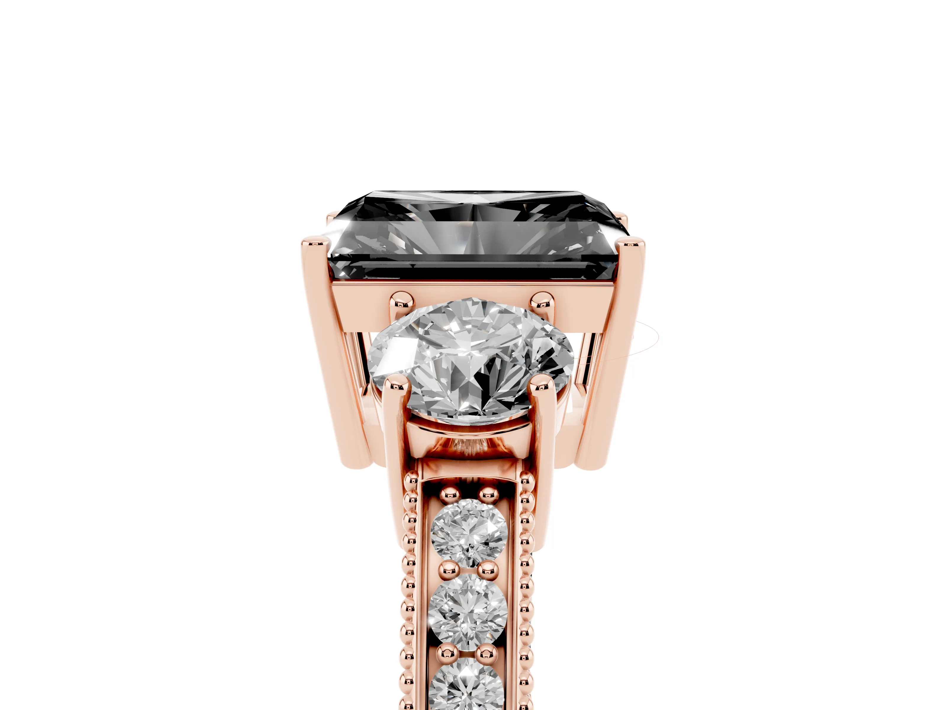 Fancy Black Radiant Cut Diamond Three-Stone Ring Set in Rose gold with Round Side Stones and Pavé Band