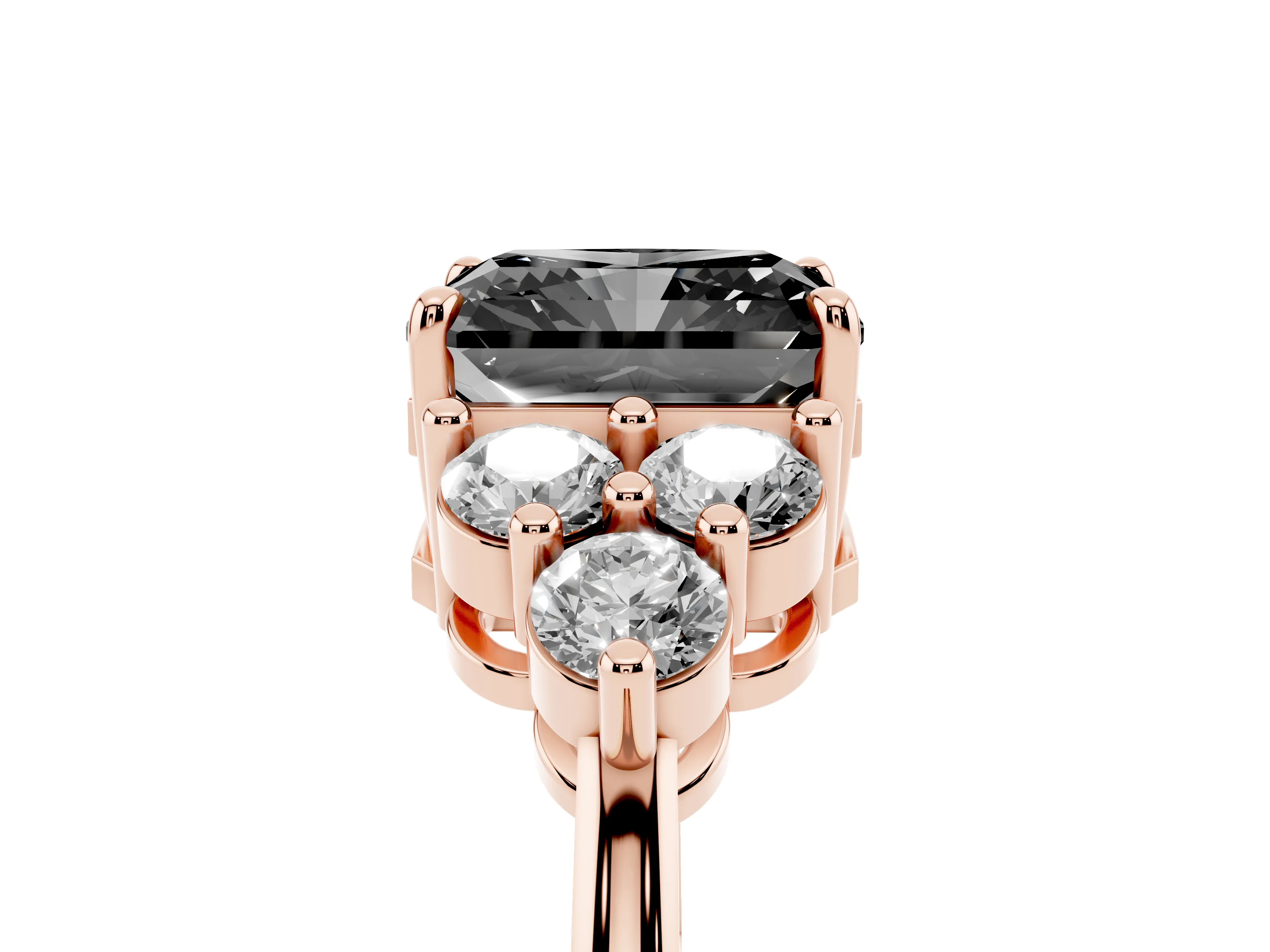 Fancy Black Radiant Cut Diamond Solitaire Ring Set in Rose gold with Cluster Accents on Each Side