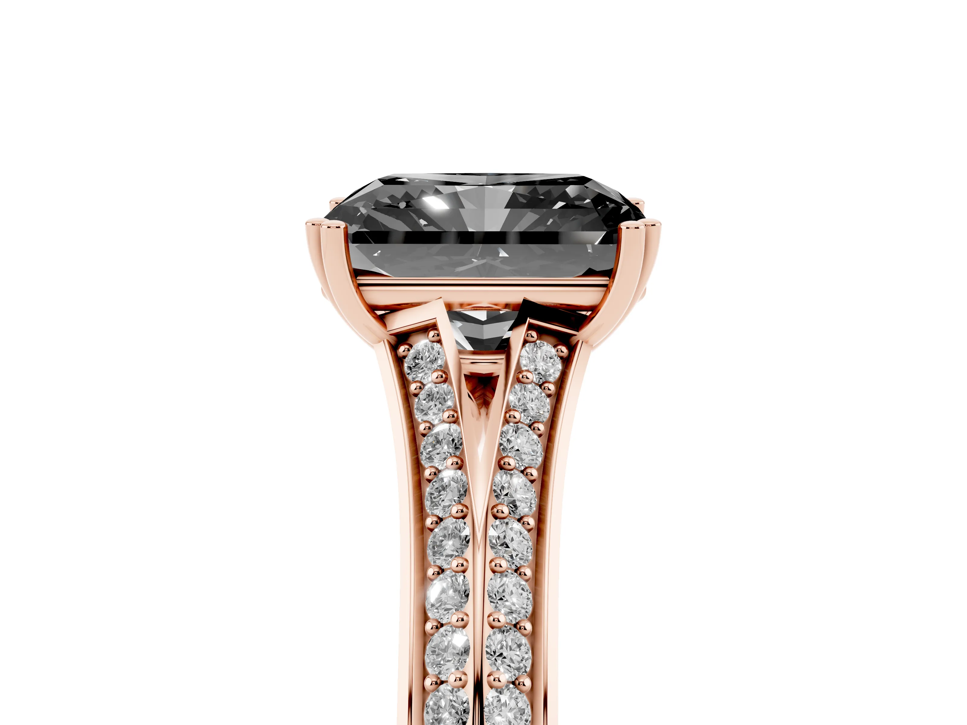 Fancy Black Radiant Cut Diamond Split Shank Pavé Engagement Ring Set in Rose gold with Prong-Set Center Stone