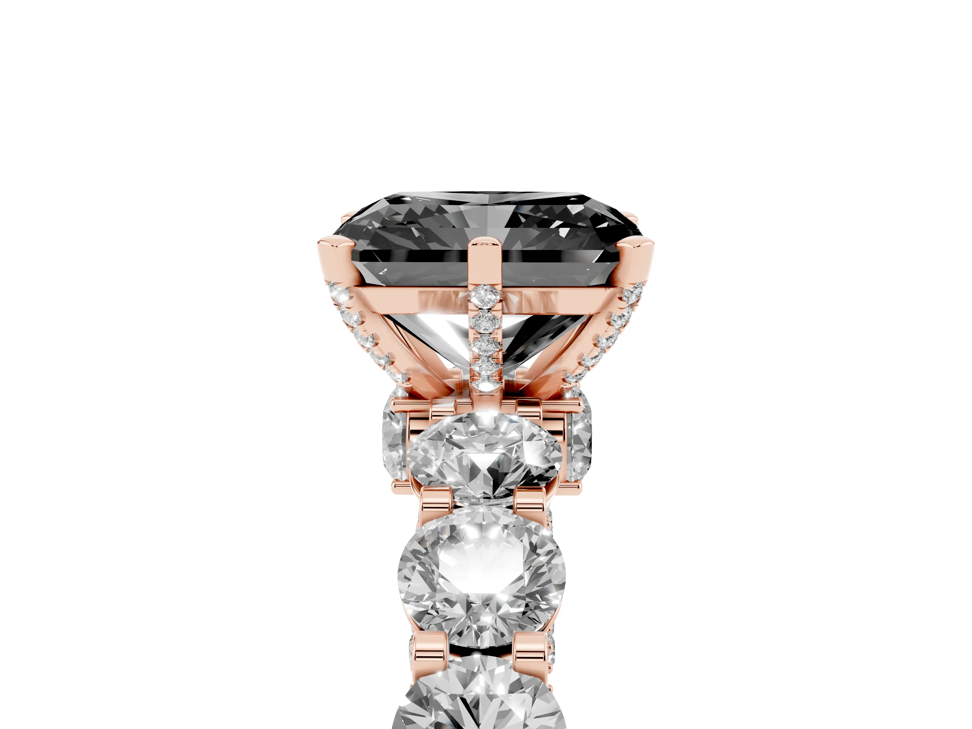 Fancy Black Radiant Cut Diamond Side Stone Ring Set in Rose gold with Alternating Round and Oval Side Stones