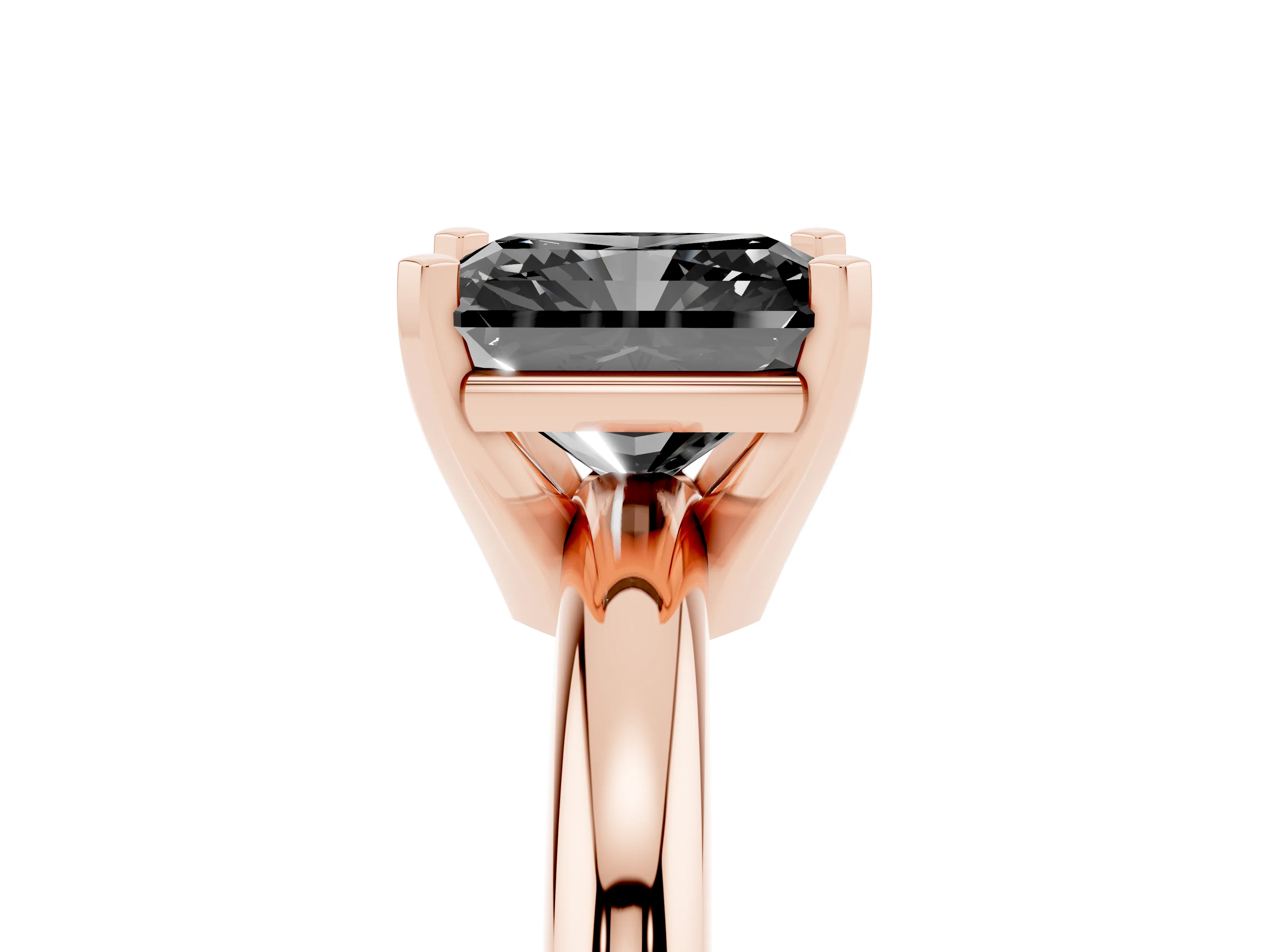 Fancy Black Radiant Cut Diamond Solitaire Engagement Ring Set in Rose gold with Round Band and Prong Setting
