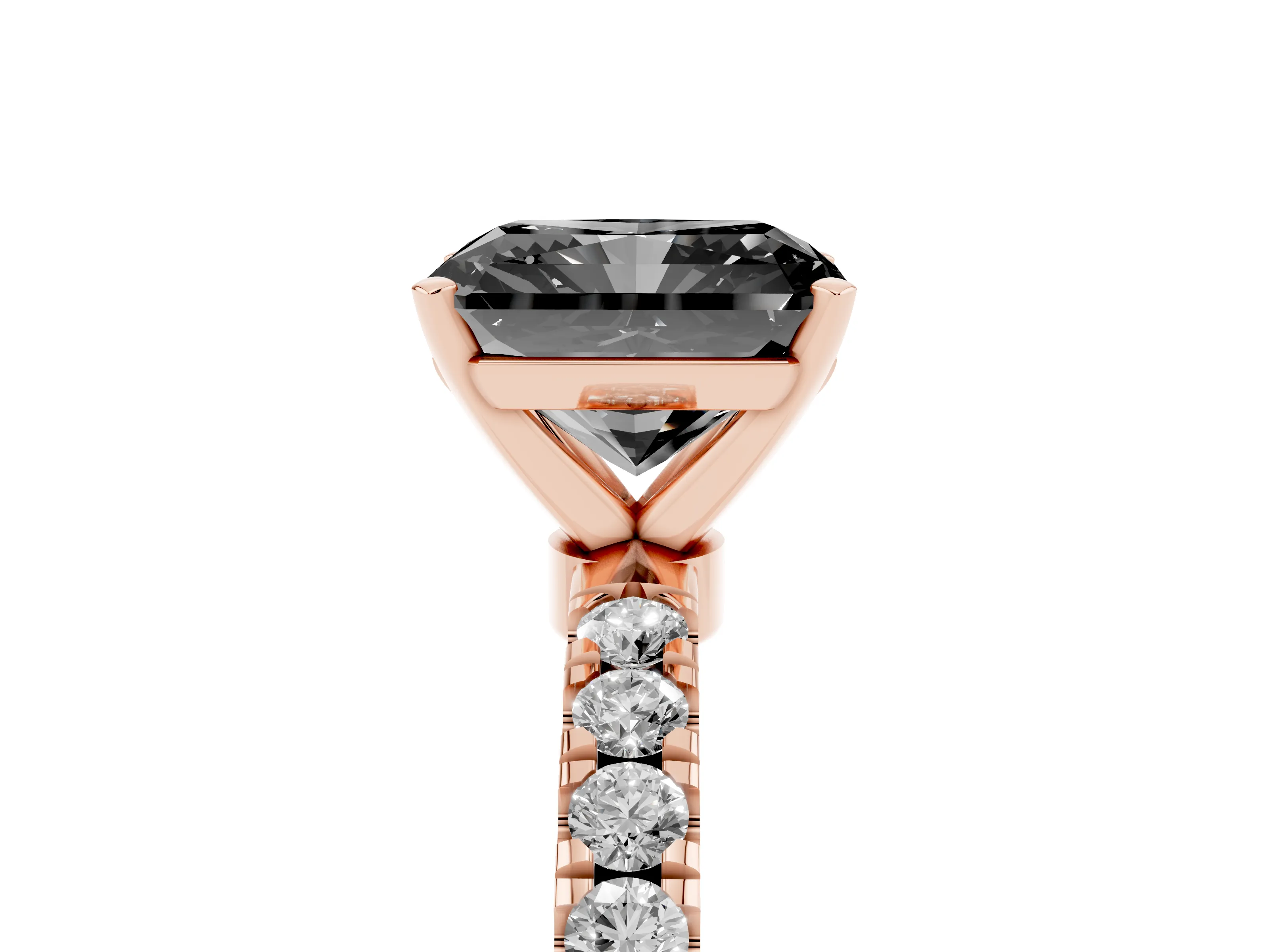 Fancy Black Radiant Cut Diamond Solitaire Ring Set in Rose gold with Pavé Accents and Prong Setting