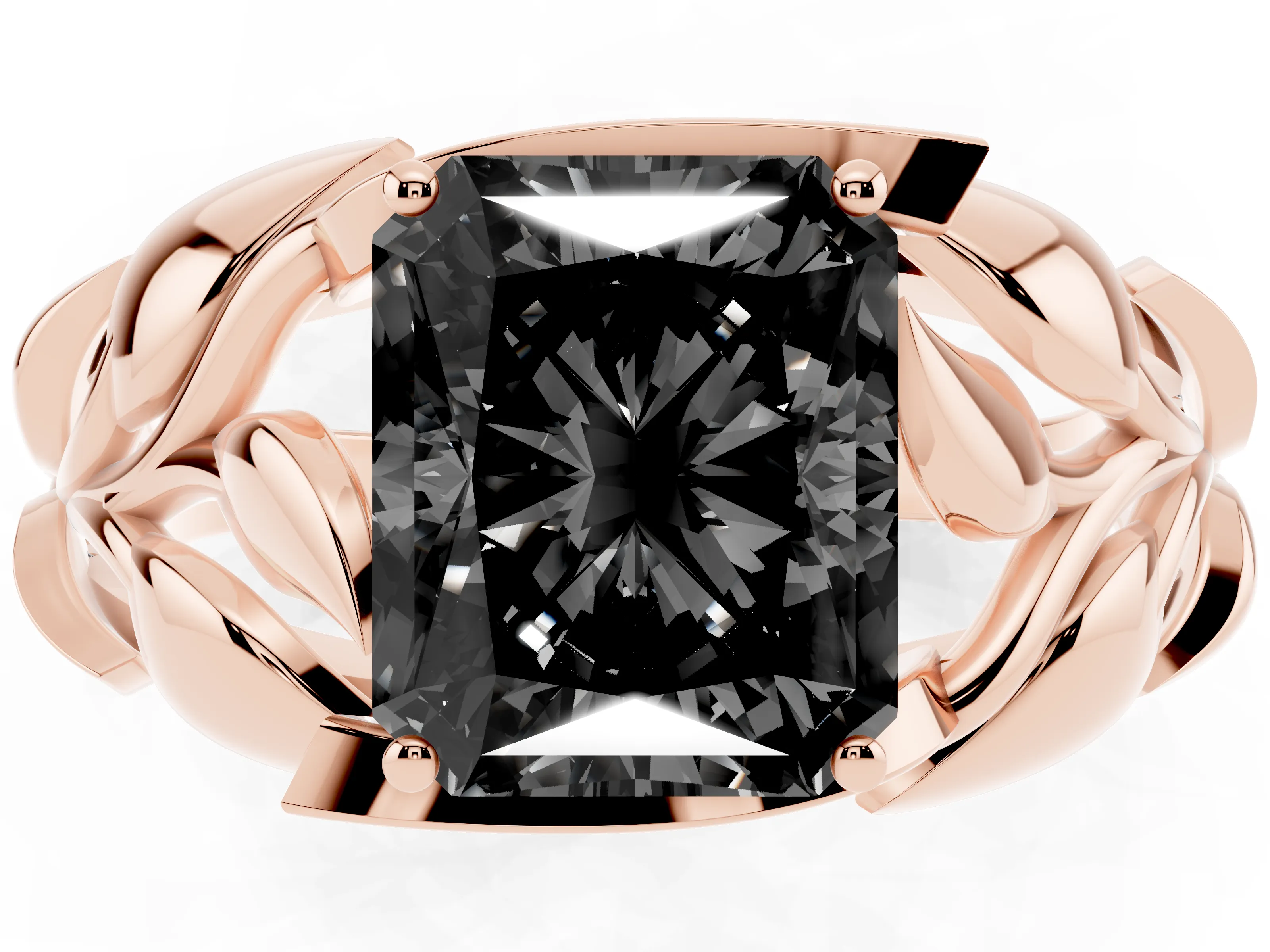 Fancy Black Radiant Cut Diamond Leaf-Inspired Engagement Ring Set in Rose gold with Round Accents
