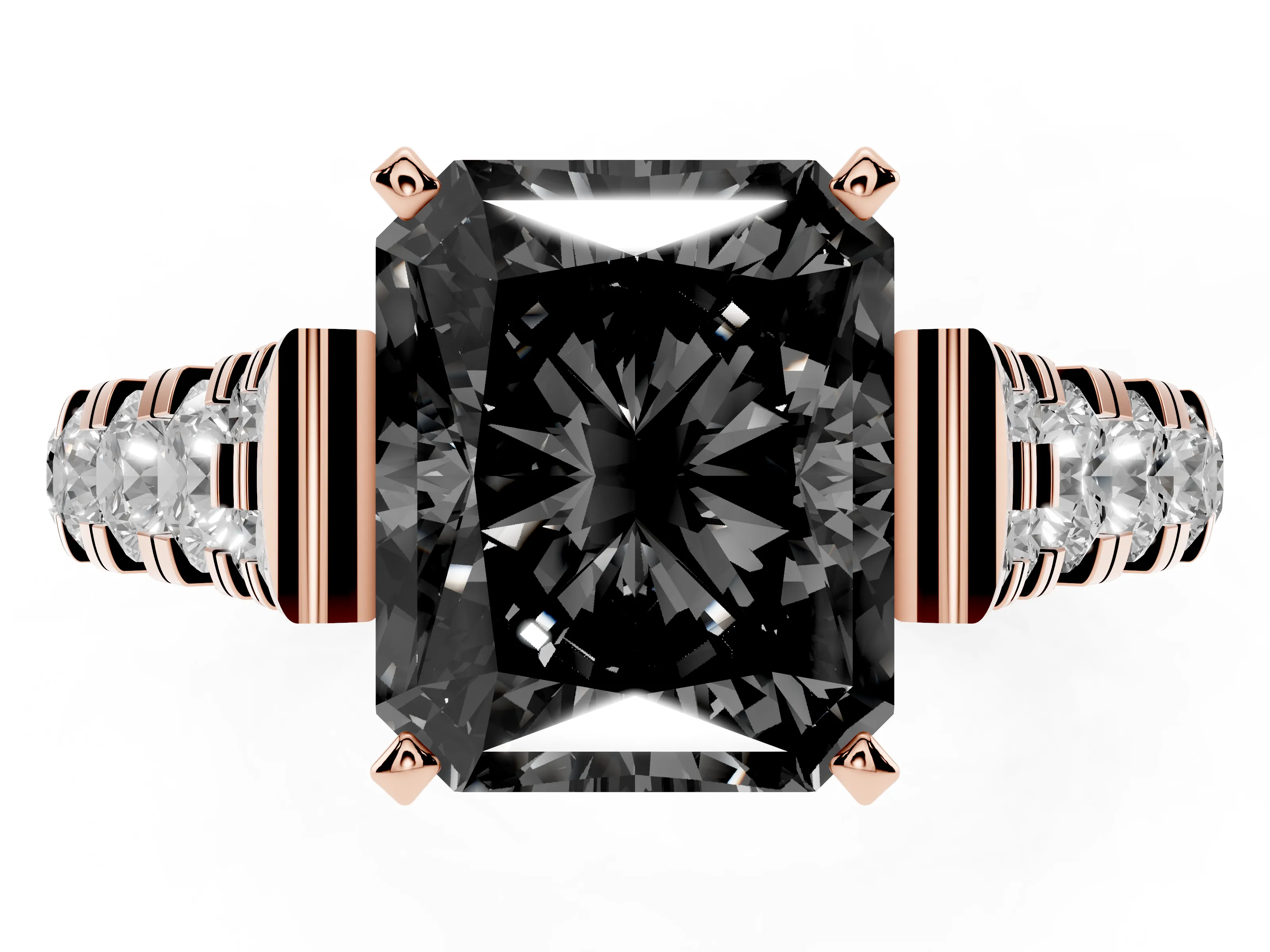 Fancy Black Radiant Cut Diamond Classic Solitaire Ring Set in Rose gold with Pavé Band and Prong Setting
