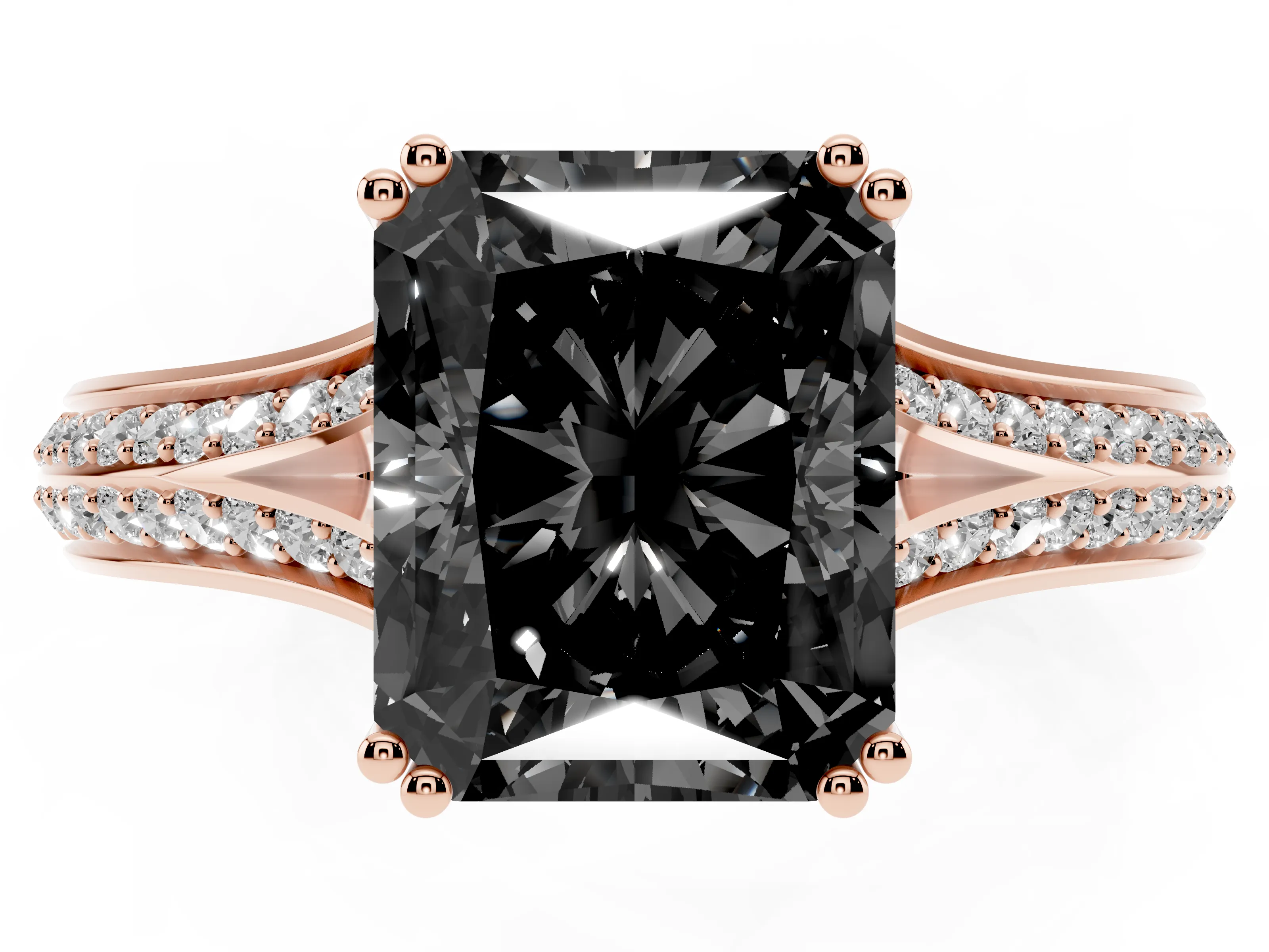 Fancy Black Radiant Cut Diamond Split Shank Pavé Engagement Ring Set in Rose gold with Prong-Set Center Stone