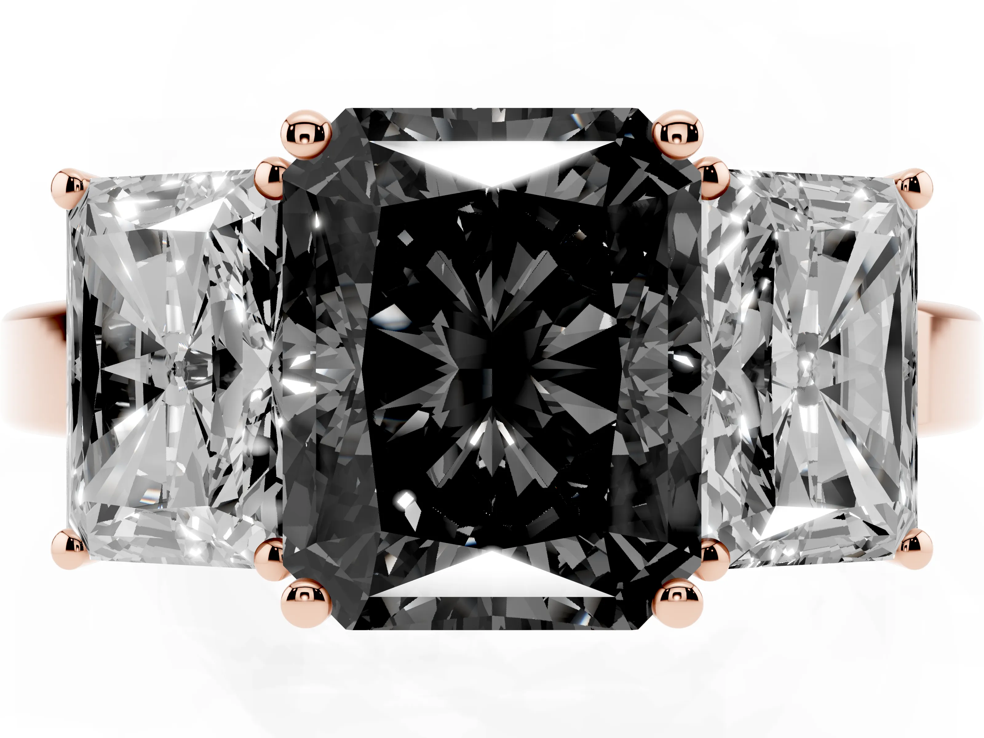 Fancy Black Radiant Cut Diamond Three-Stone Engagement Ring Set in Rose gold with Flat Band