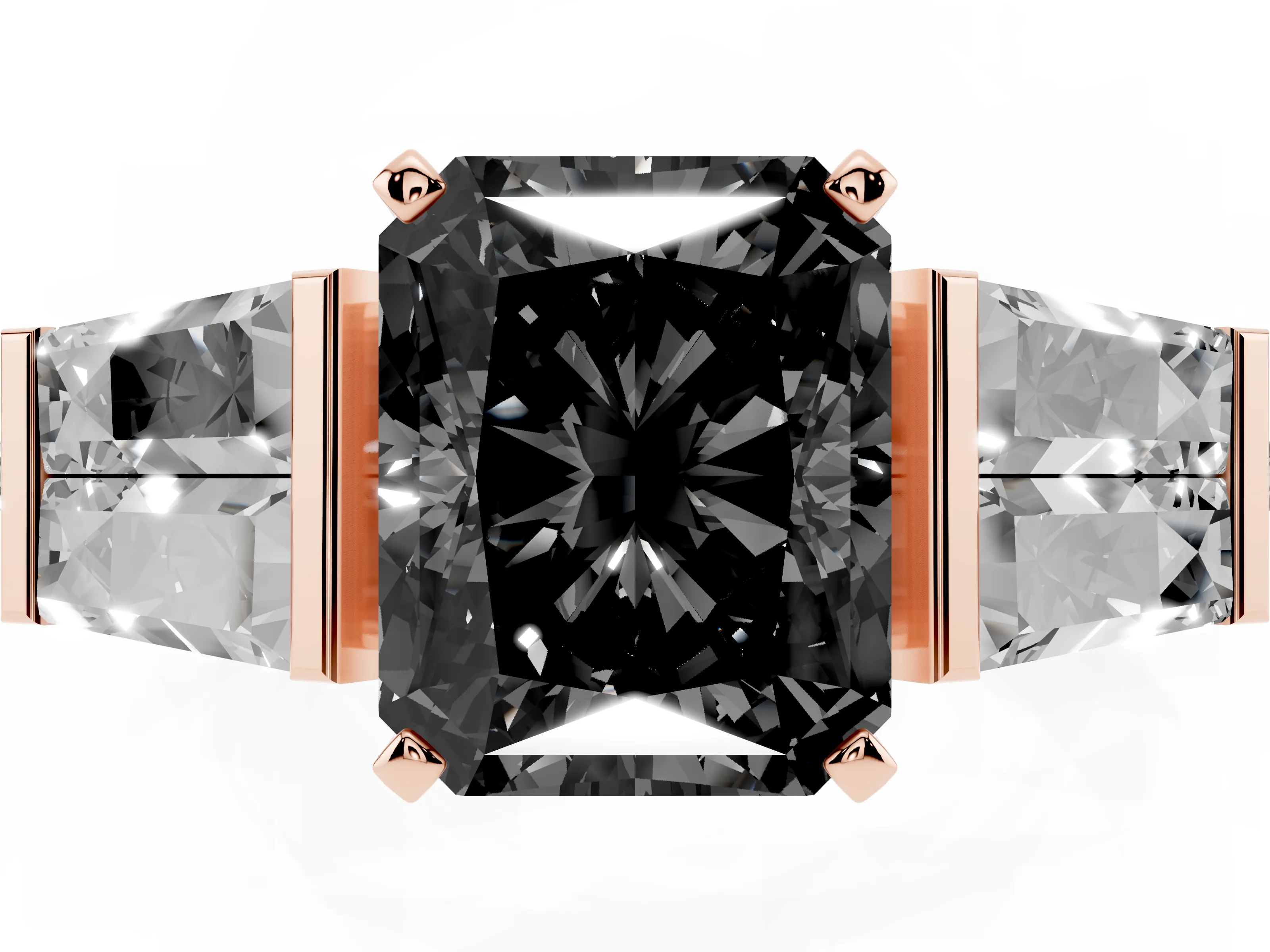 Fancy Black Radiant Cut Diamond Engagement Ring Set in Rose gold with Baguette Side Stones and Channel Set Band