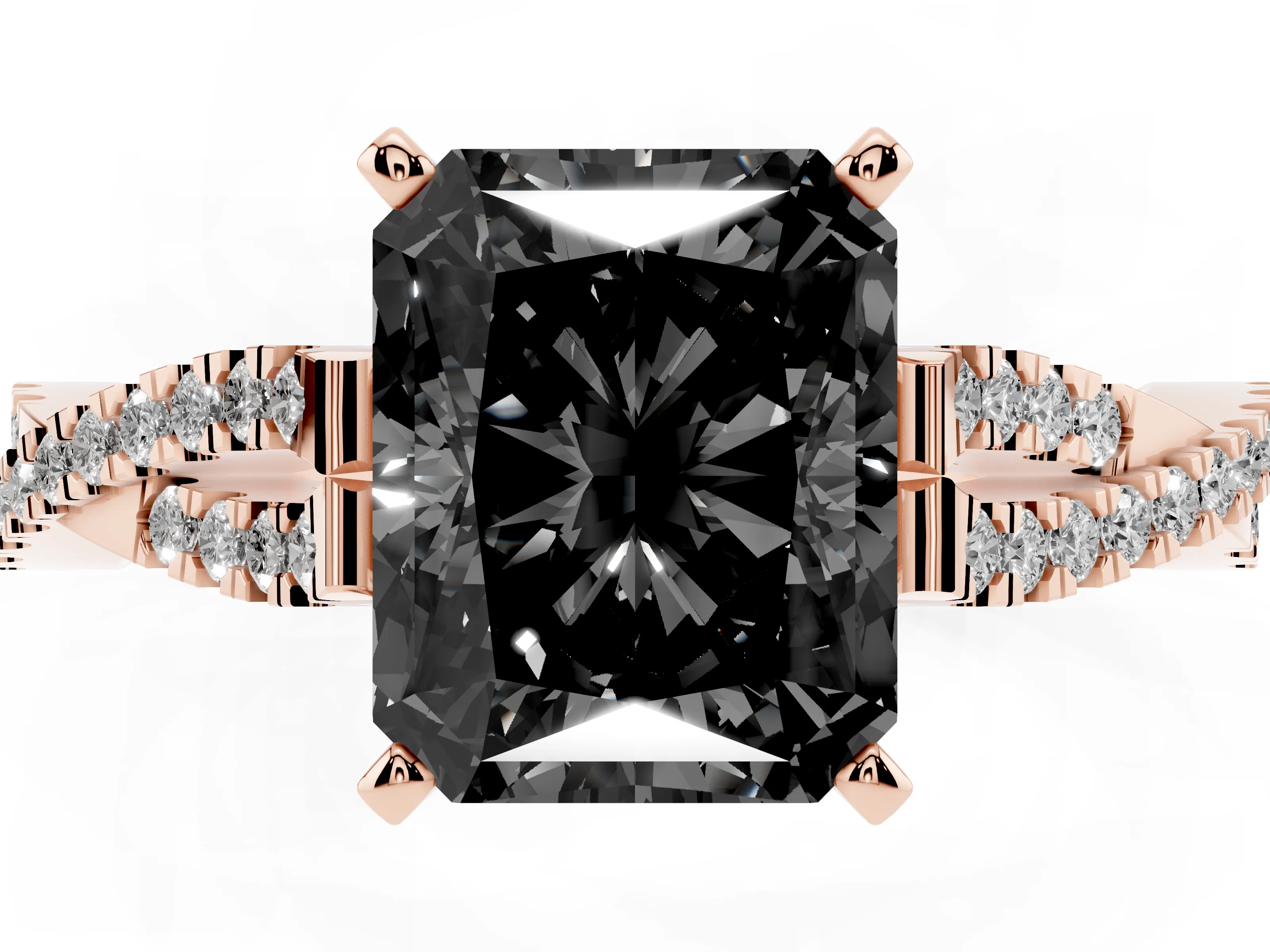Fancy Black Radiant Cut Diamond Solitaire Engagement Ring Set in Rose gold with Twisted Pavé Band and Prong Setting