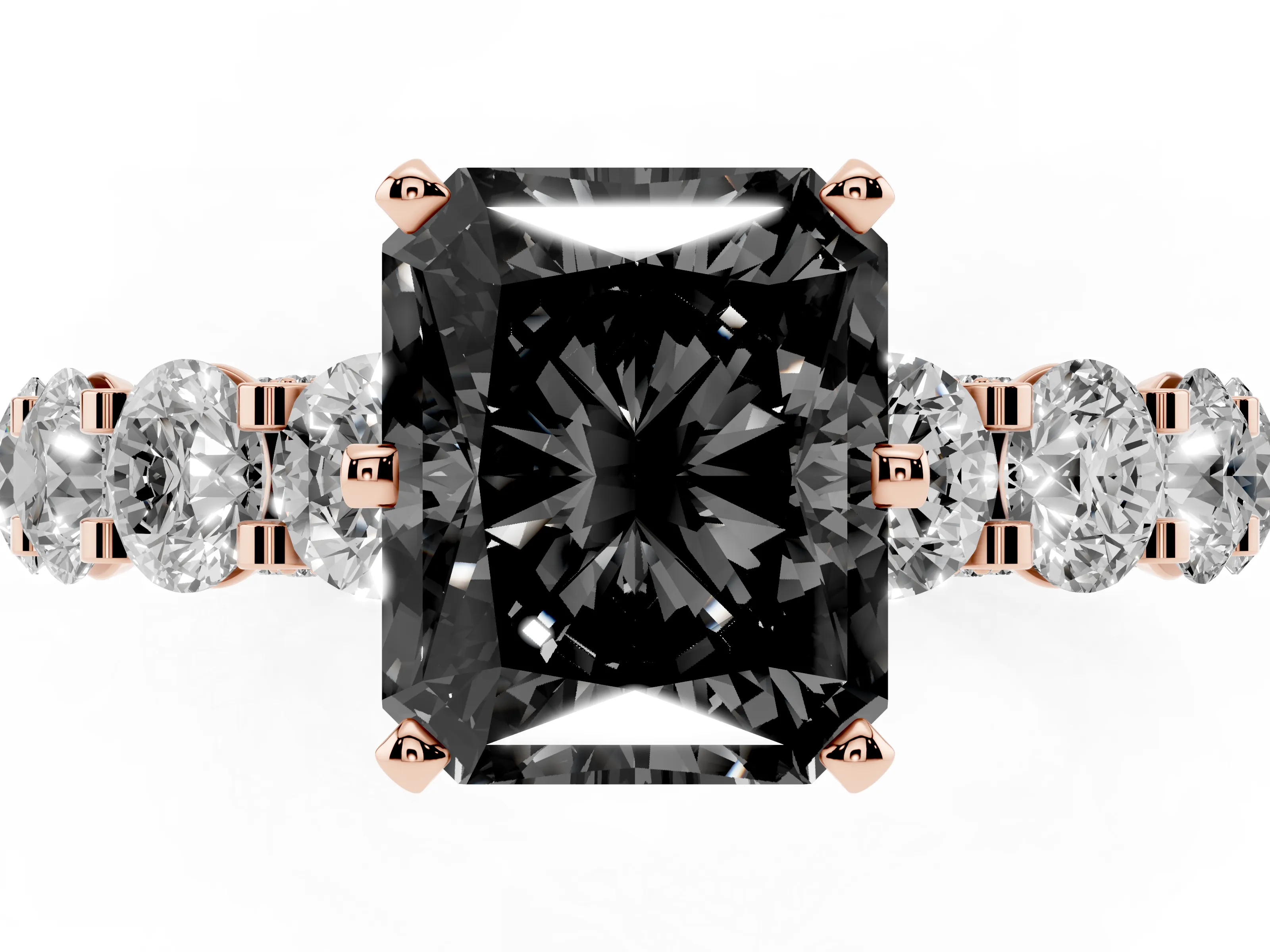 Fancy Black Radiant Cut Diamond Side Stone Ring Set in Rose gold with Alternating Round and Oval Side Stones