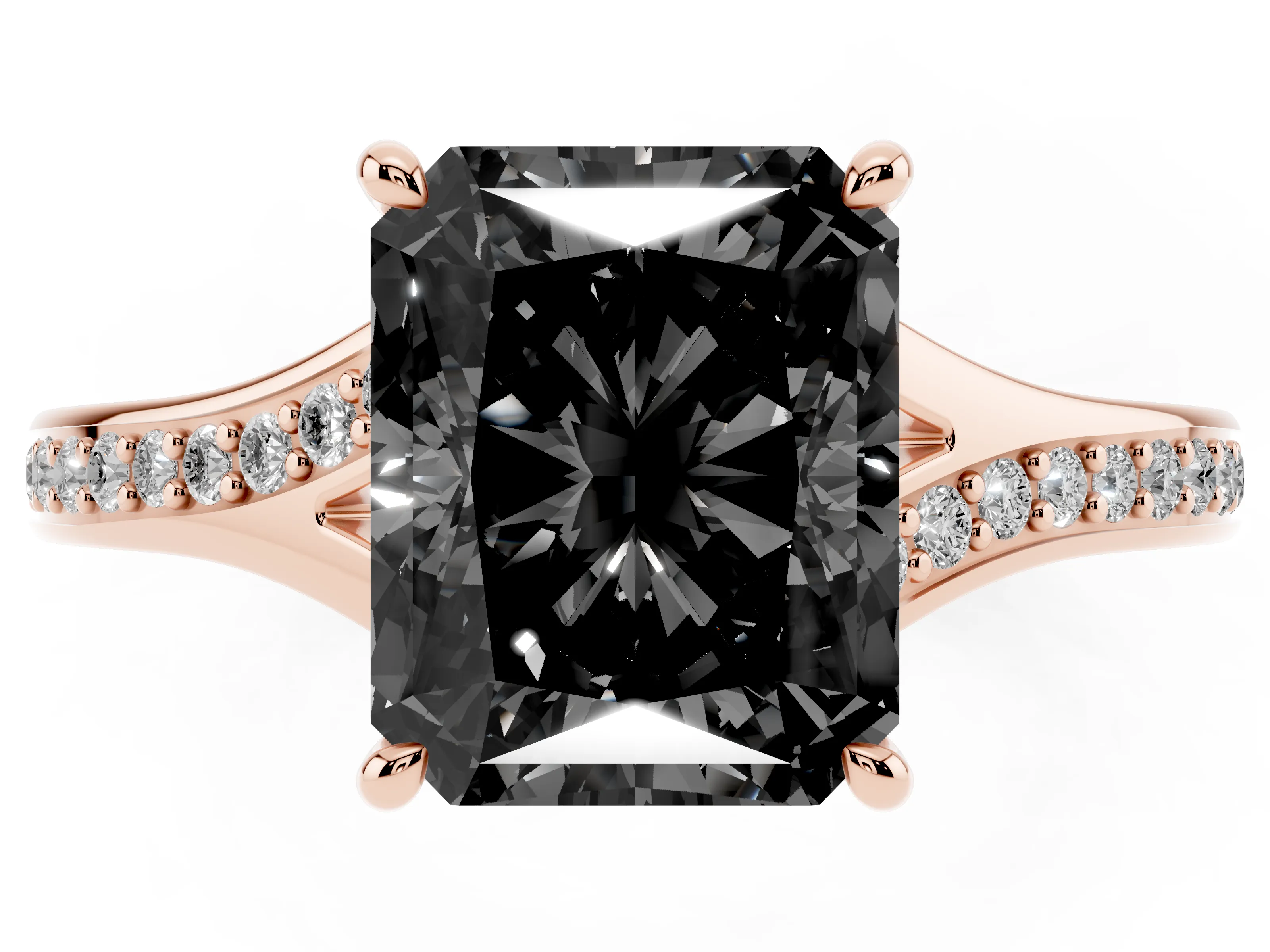 Fancy Black Radiant Cut Diamond Solitaire Ring Set in Rose gold with Pavé Accent Band and Classic Prong Setting