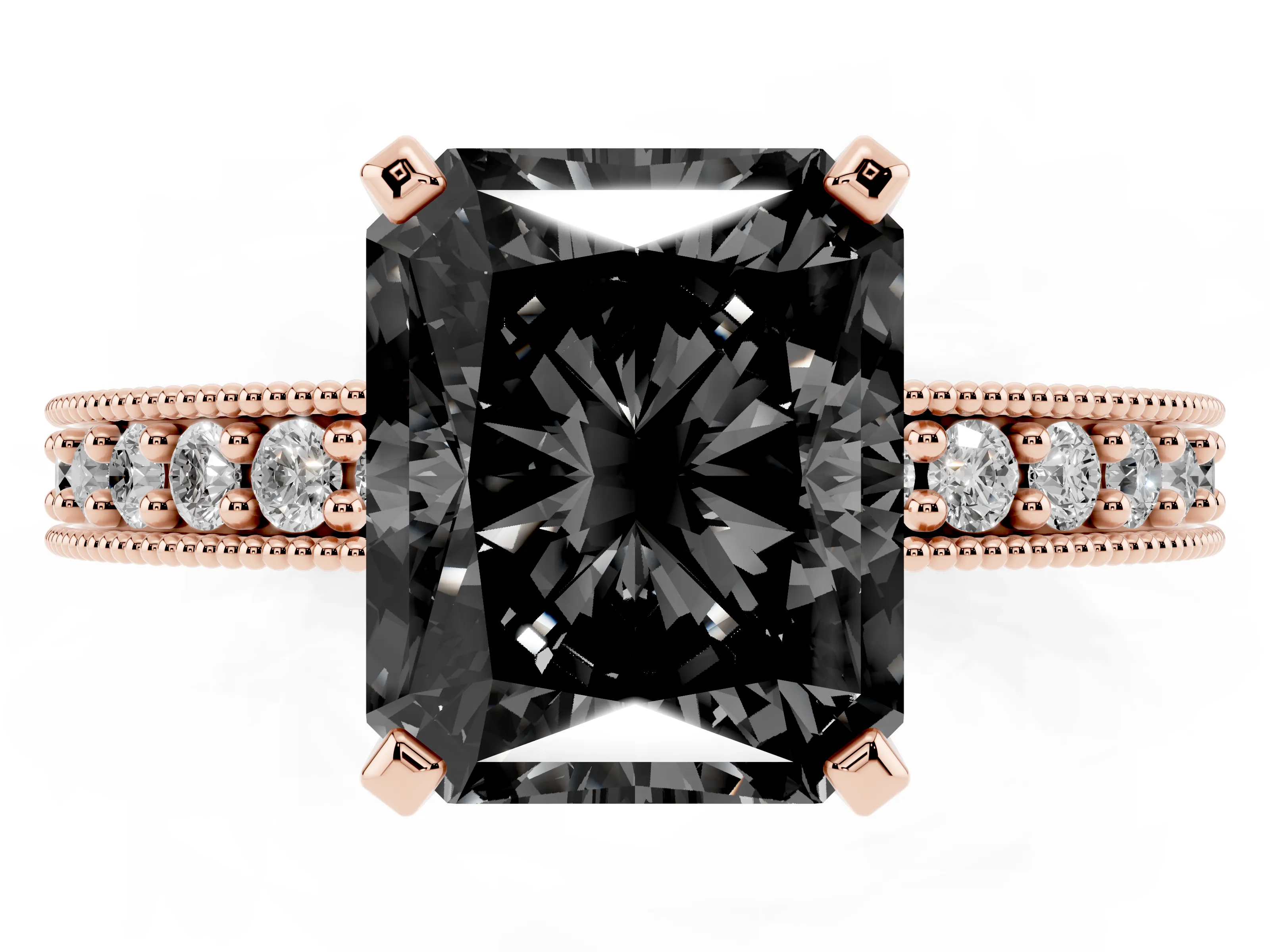 Fancy Black Radiant Cut Diamond Milgrain Pavé Engagement Ring Set in Rose gold with Prong Setting
