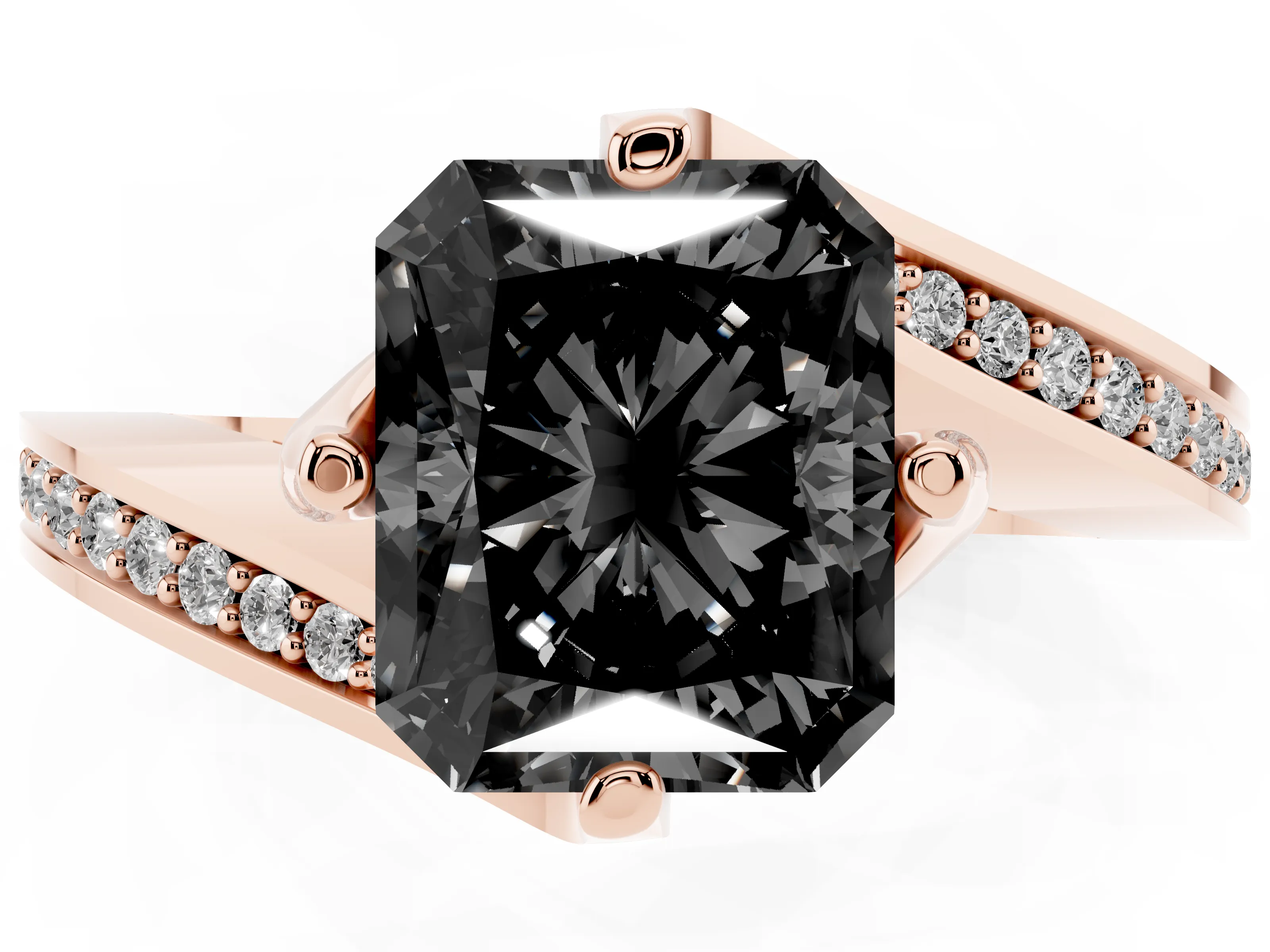 Fancy Black Radiant Cut Diamond Solitaire Ring Set in Rose gold with Intertwined Pavé Twist Band
