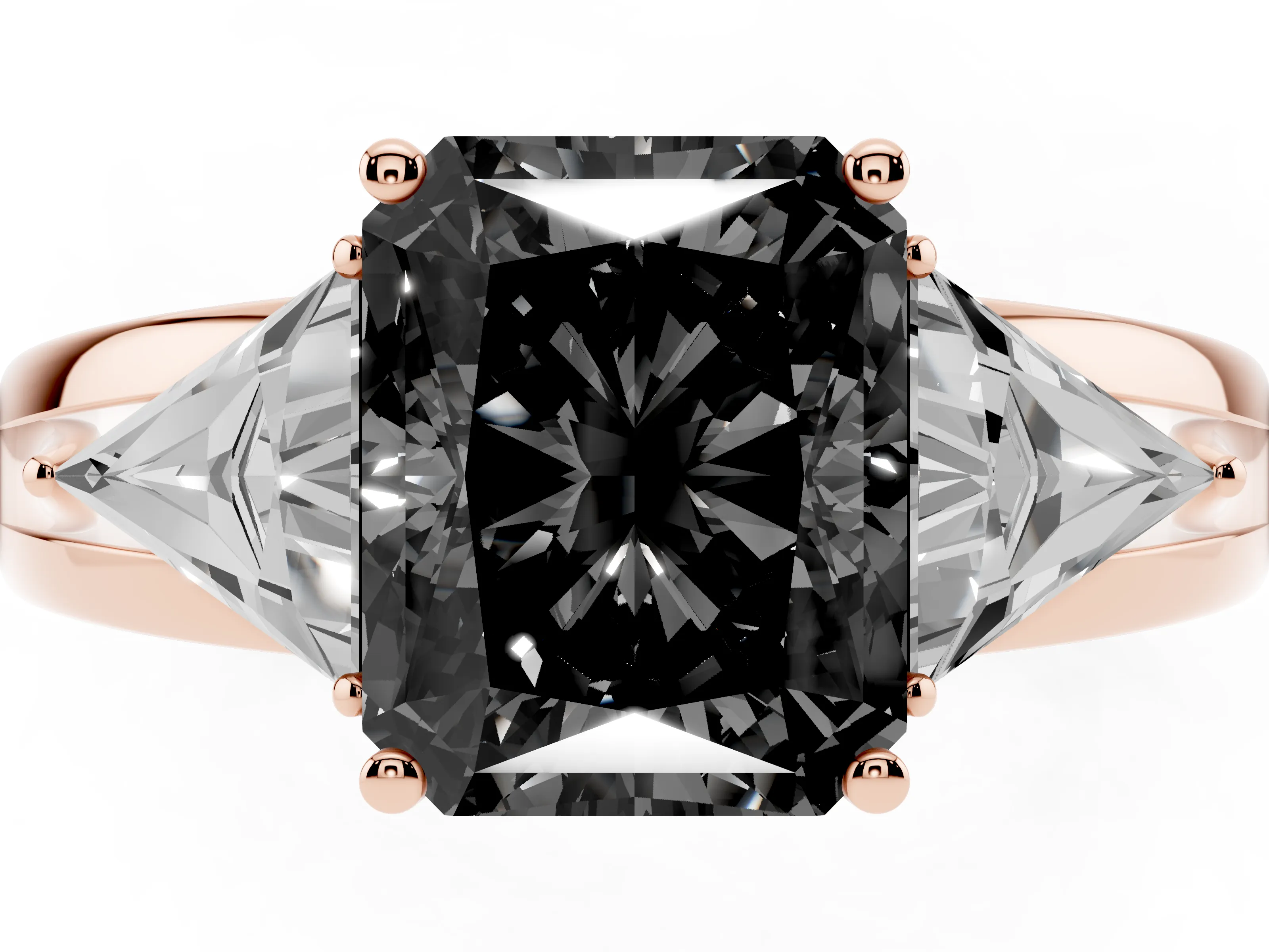 Fancy Black Radiant Cut Diamond Three-Stone Ring Set in Rose gold with Trillion Side Stones and Split Shank