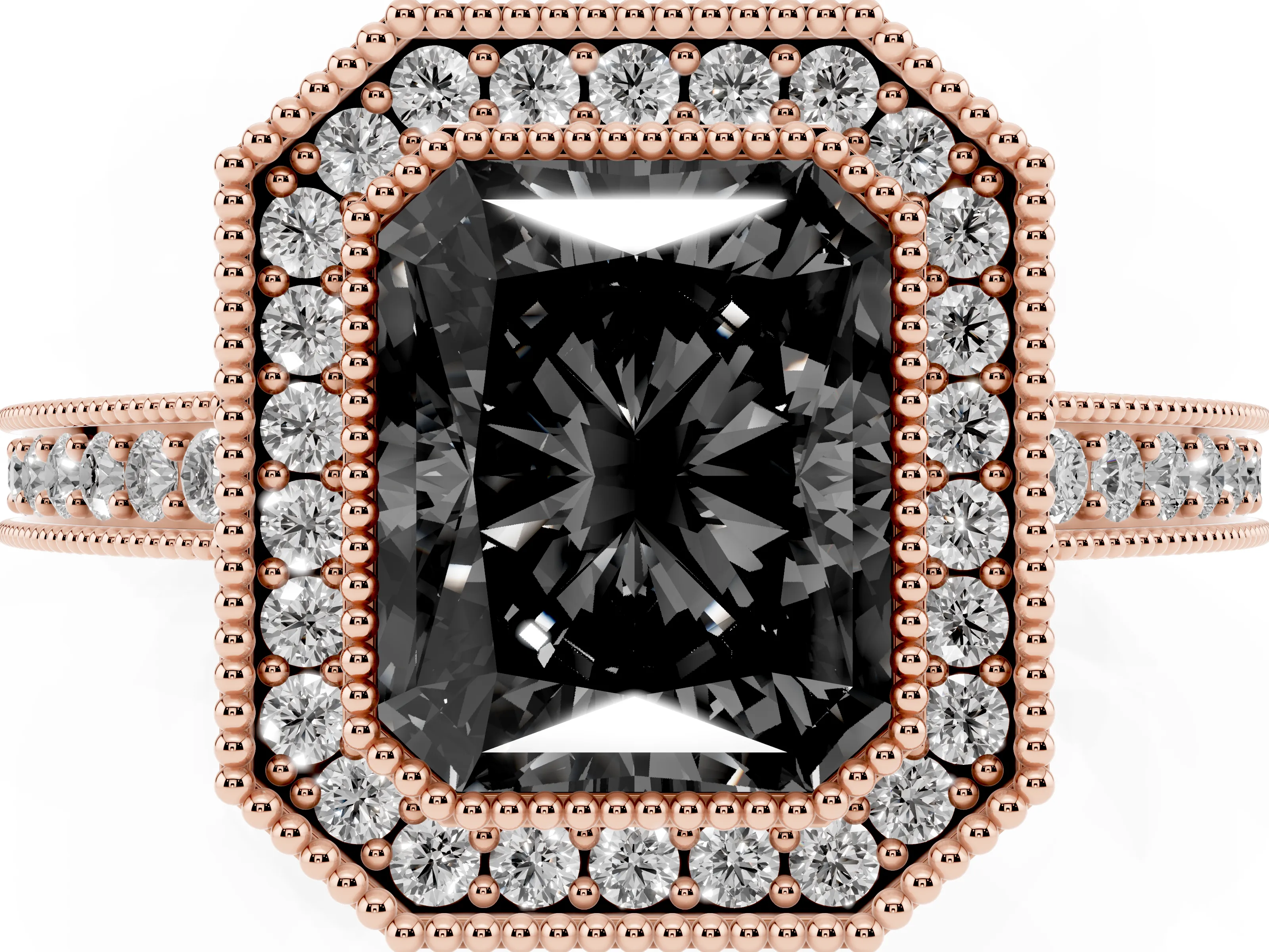 Fancy Black Radiant Cut Diamond Round Halo Ring Set in Rose gold with Pavé Band