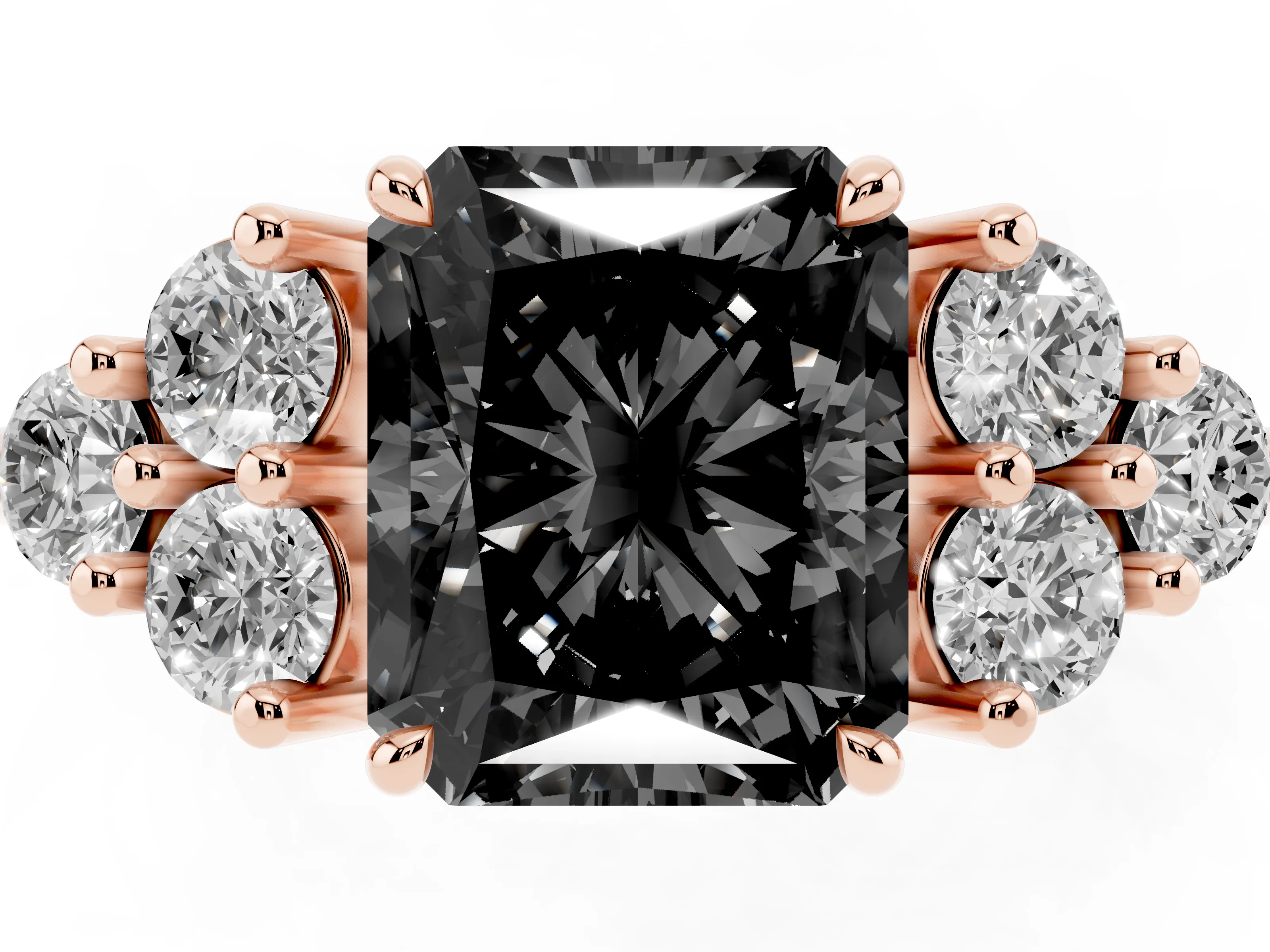 Fancy Black Radiant Cut Diamond Solitaire Ring Set in Rose gold with Cluster Accents on Each Side