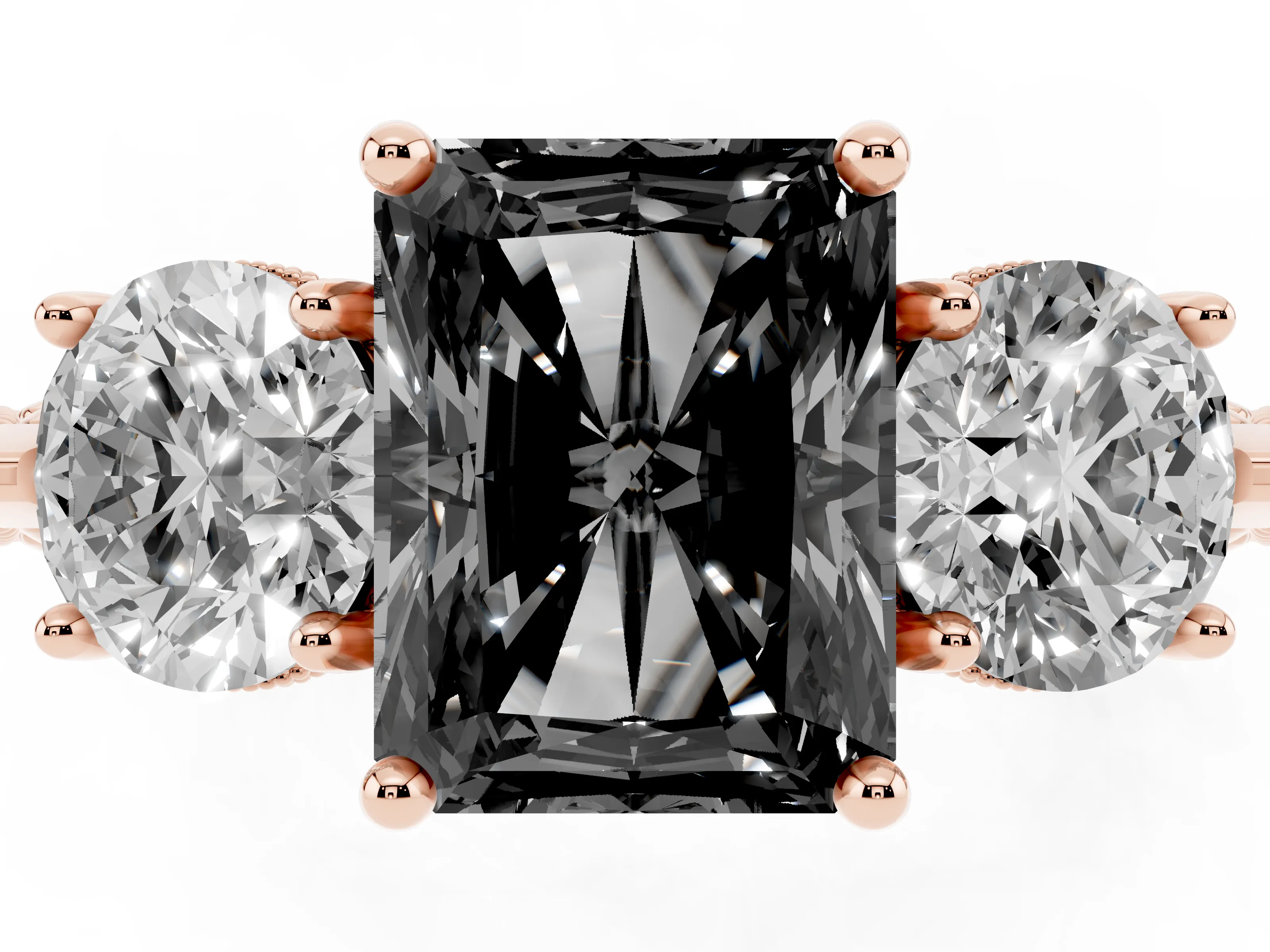 Fancy Black Radiant Cut Diamond Three-Stone Ring Set in Rose gold with Milgrain Band