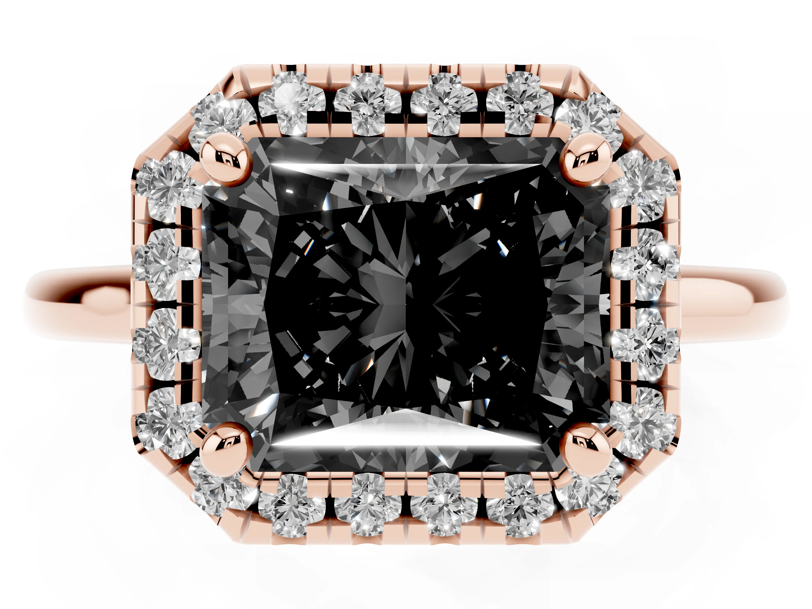 Fancy Black Radiant Cut Diamond Halo Engagement Ring Set in Rose gold with Pavé Band and Rising Shoulders