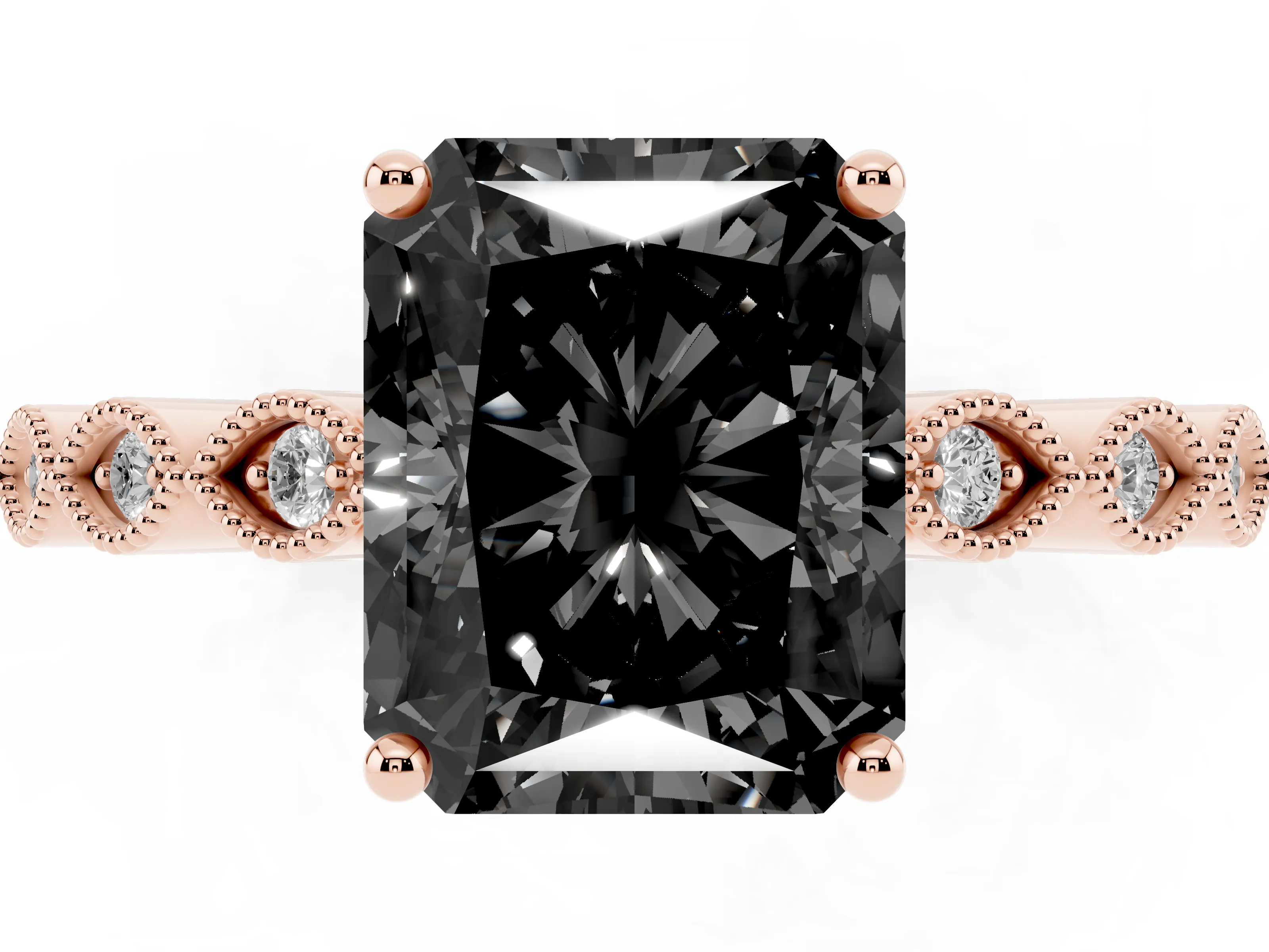 Fancy Black Radiant Cut Diamond Solitaire Ring Set in Rose gold with Infinity Twist Pavé Band