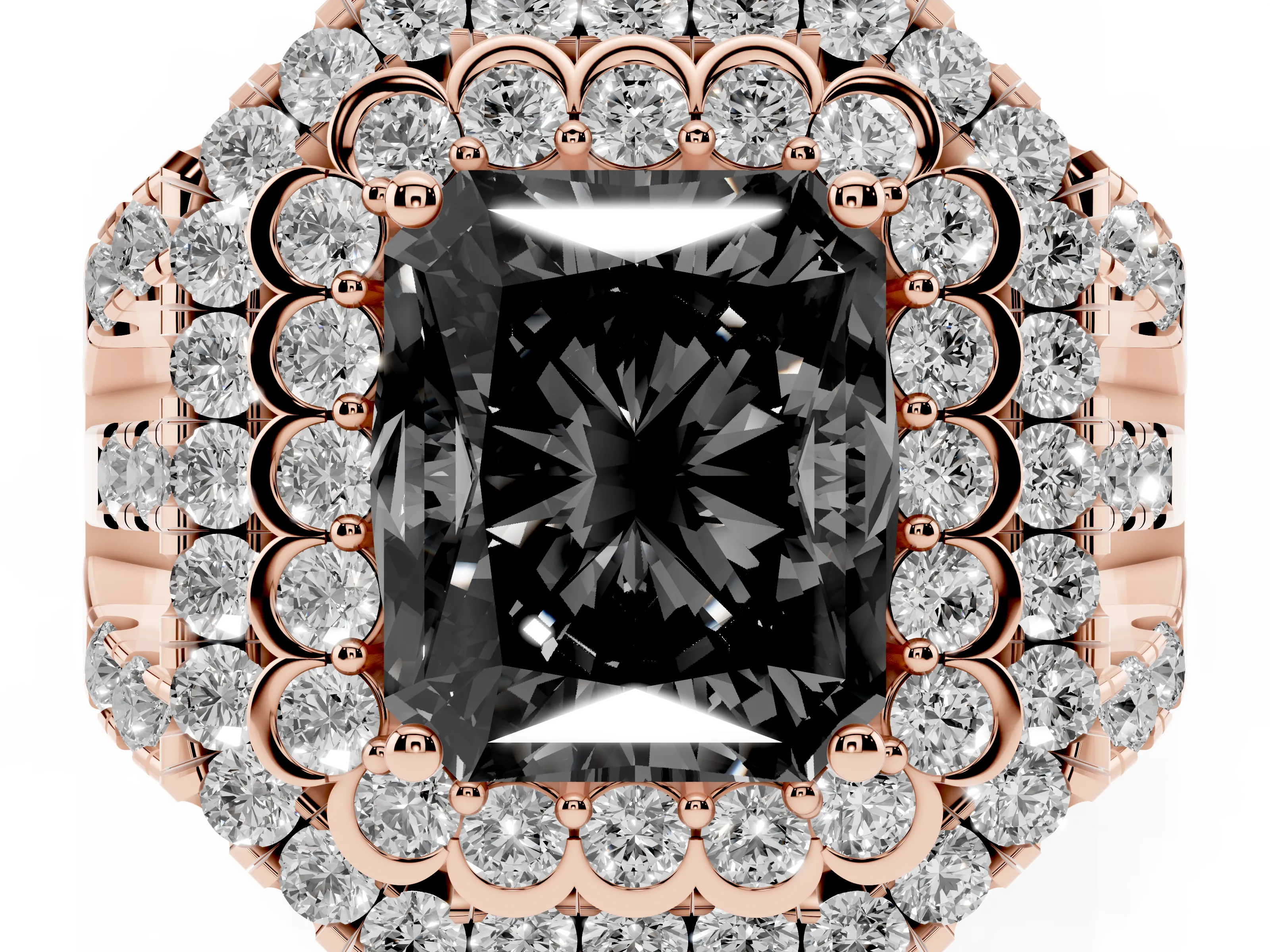 Fancy Black Radiant Cut Diamond Double Halo Ring Set in Rose gold with Round Pavé Split Shank