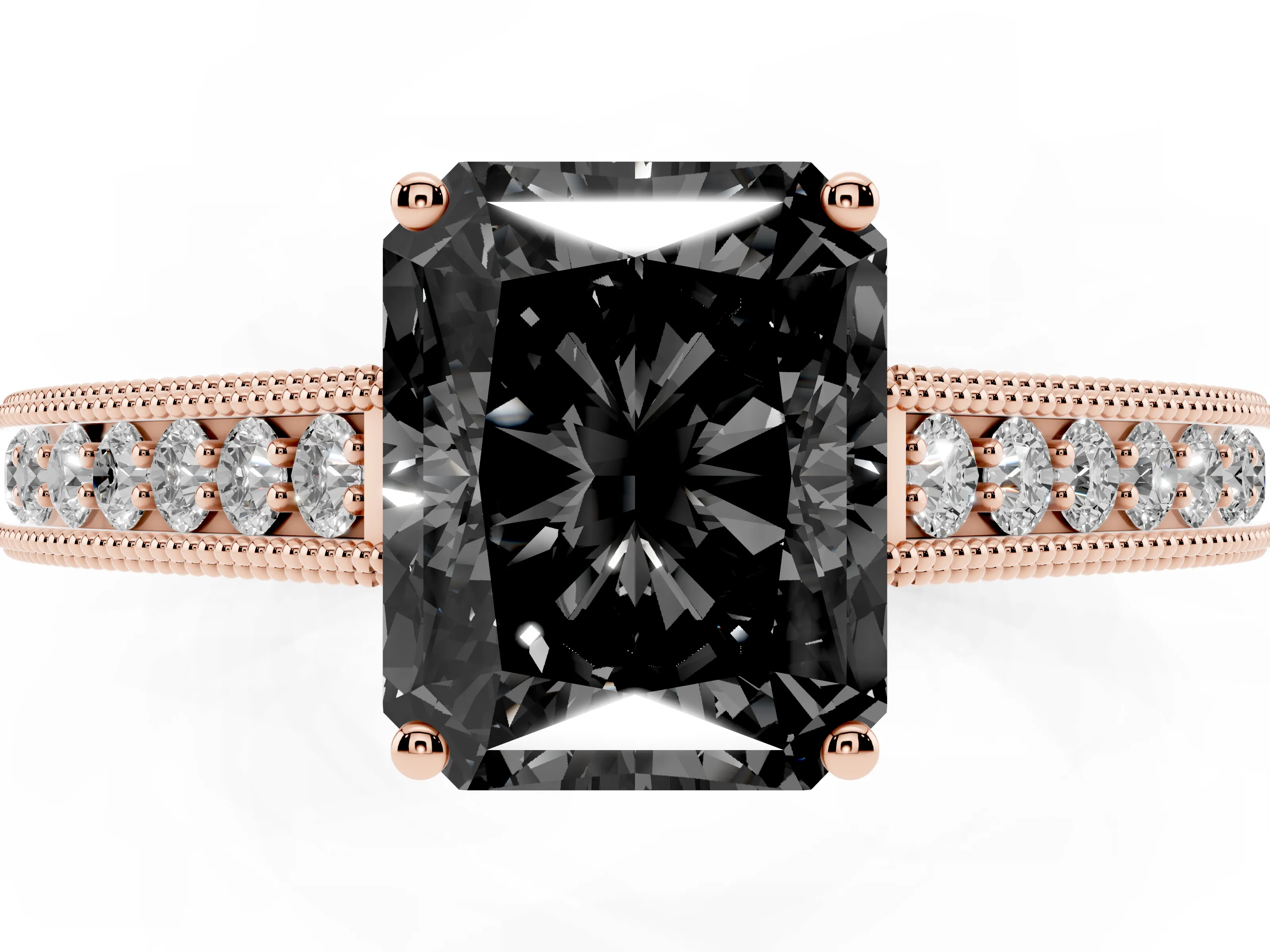 Fancy Black Radiant Cut Diamond Milgrain Pavé Band Solitaire Ring Set in Rose gold with Prong Setting