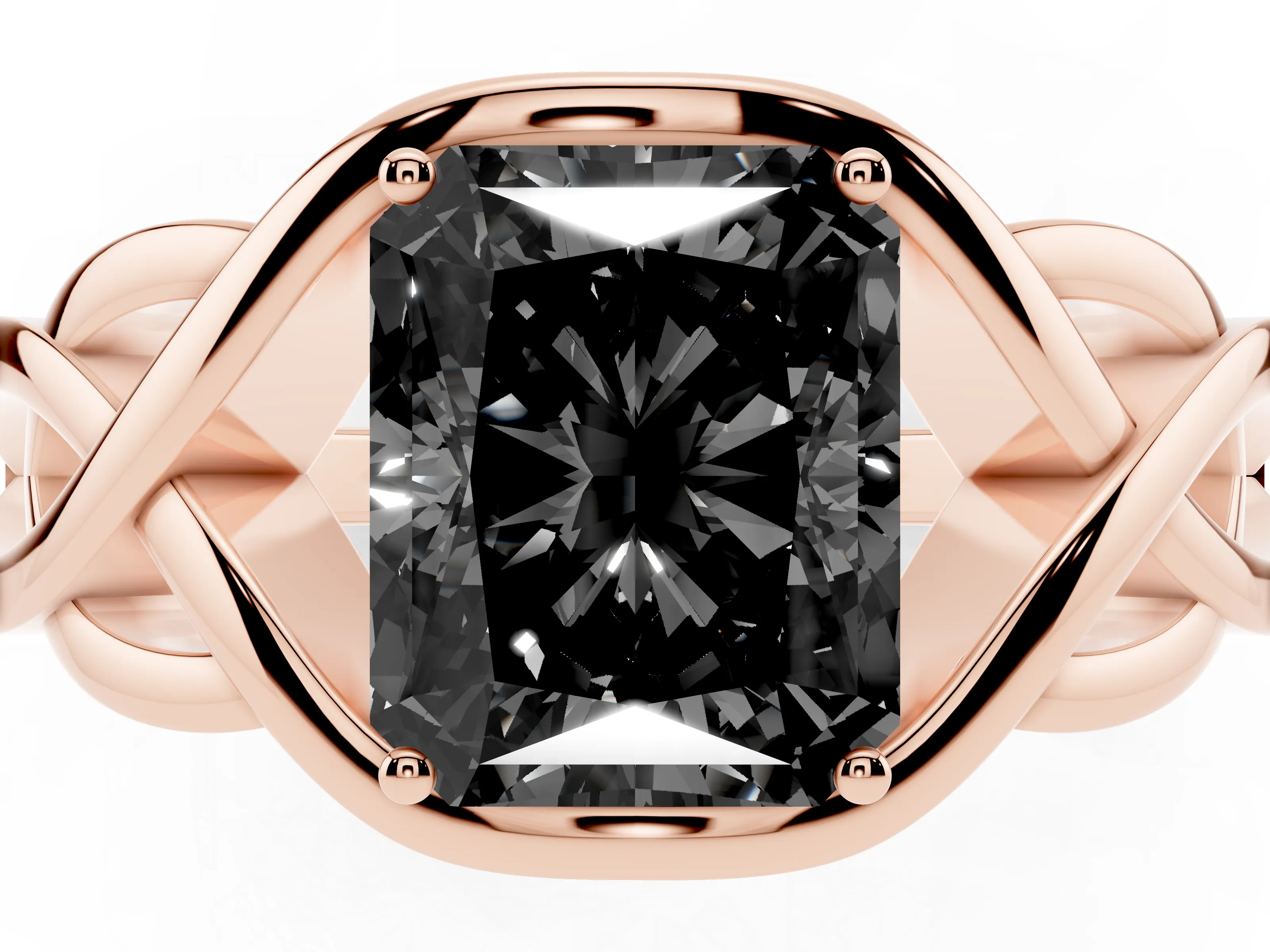 Fancy Black Radiant Cut Diamond Solitaire Ring Set in Rose gold with Intertwined Band