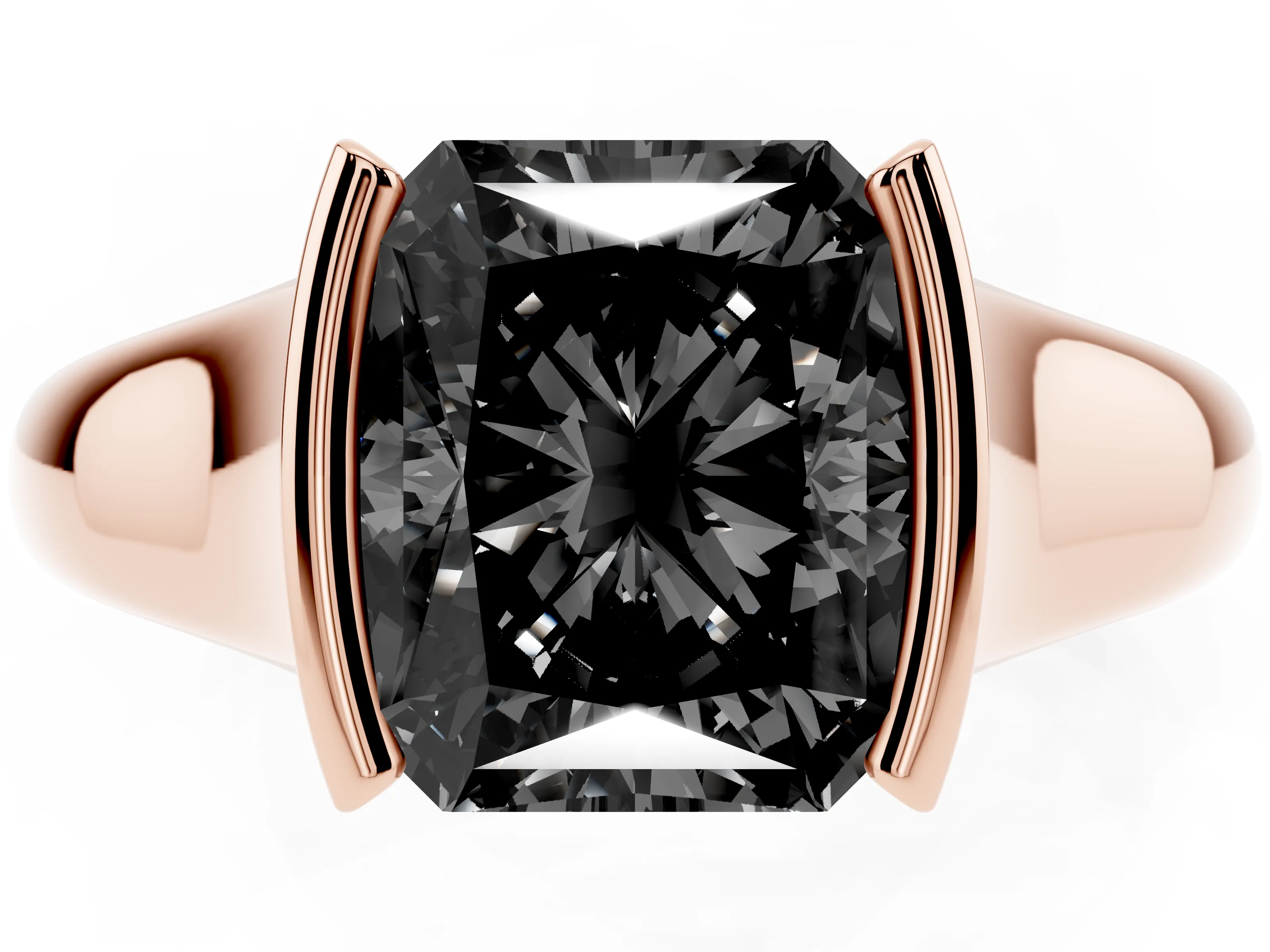 Fancy Black Radiant Cut Diamond Solitaire Tension Set Ring Set in Rose gold with Split Shank Band