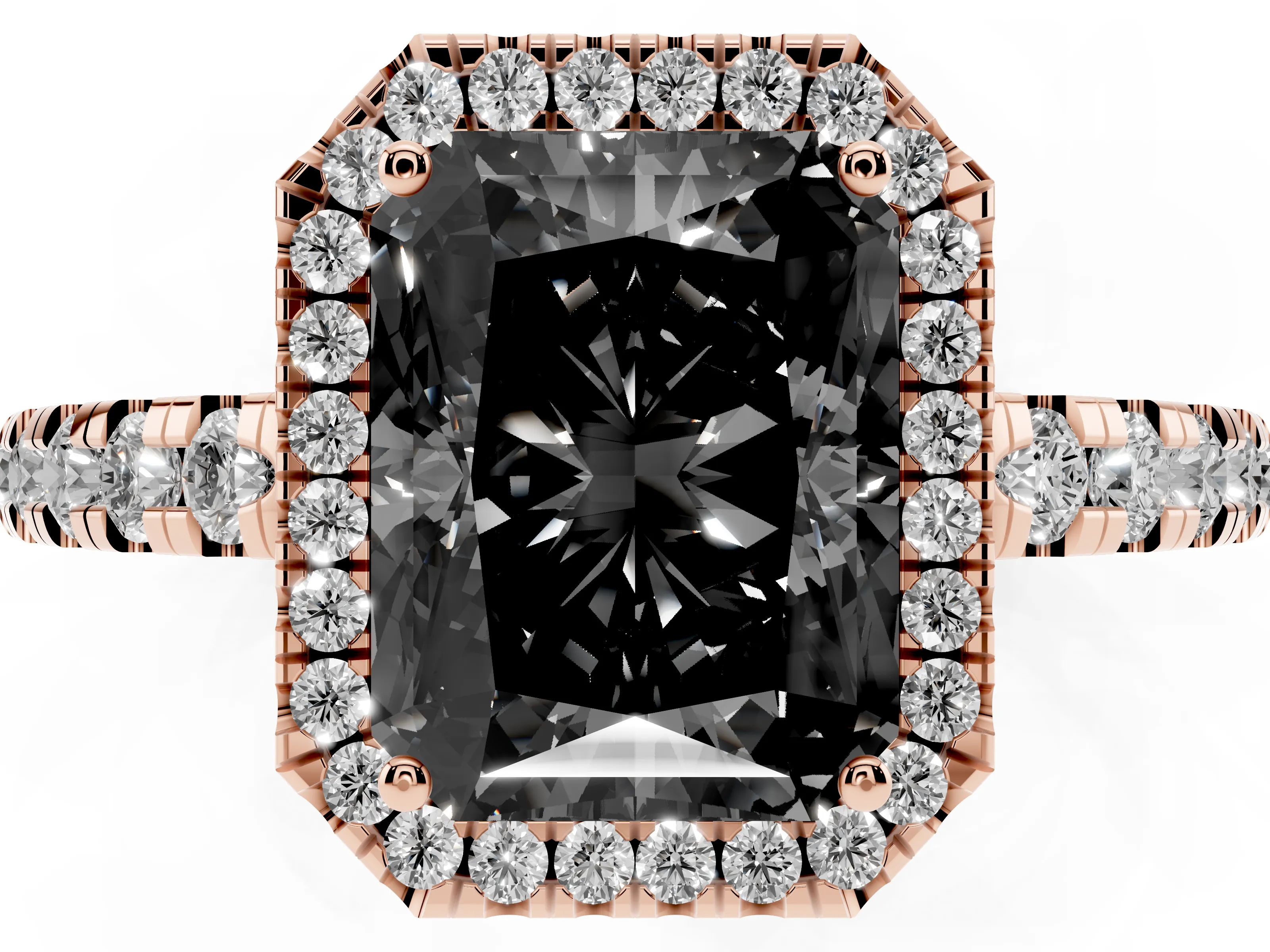 Fancy Black Radiant Cut Diamond Halo Ring Set in Rose gold with Delicate Pavé Band and Prong Setting