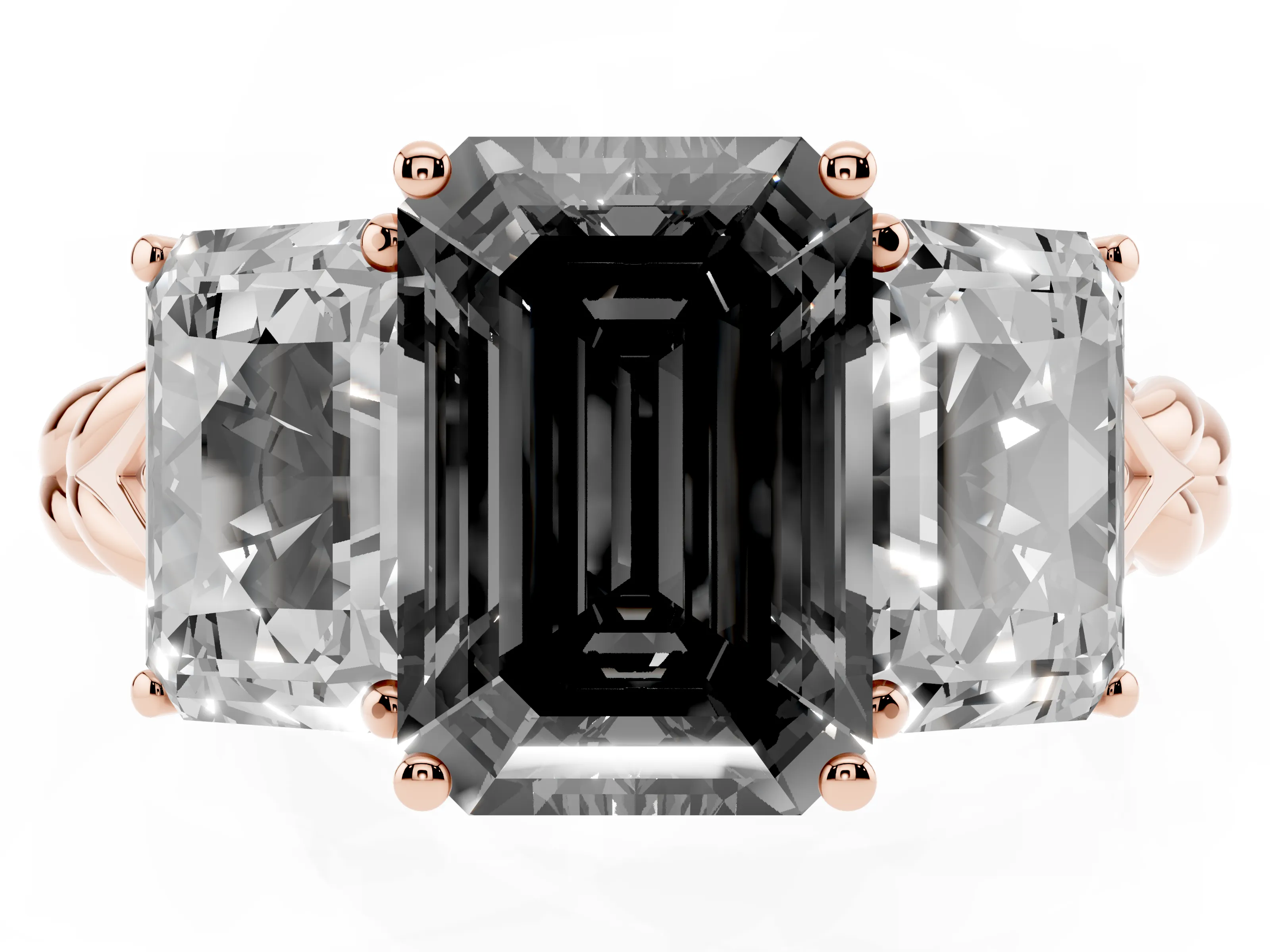 Fancy Black Radiant Cut Diamond Three-Stone Ring Set in Rose gold with Braided Band