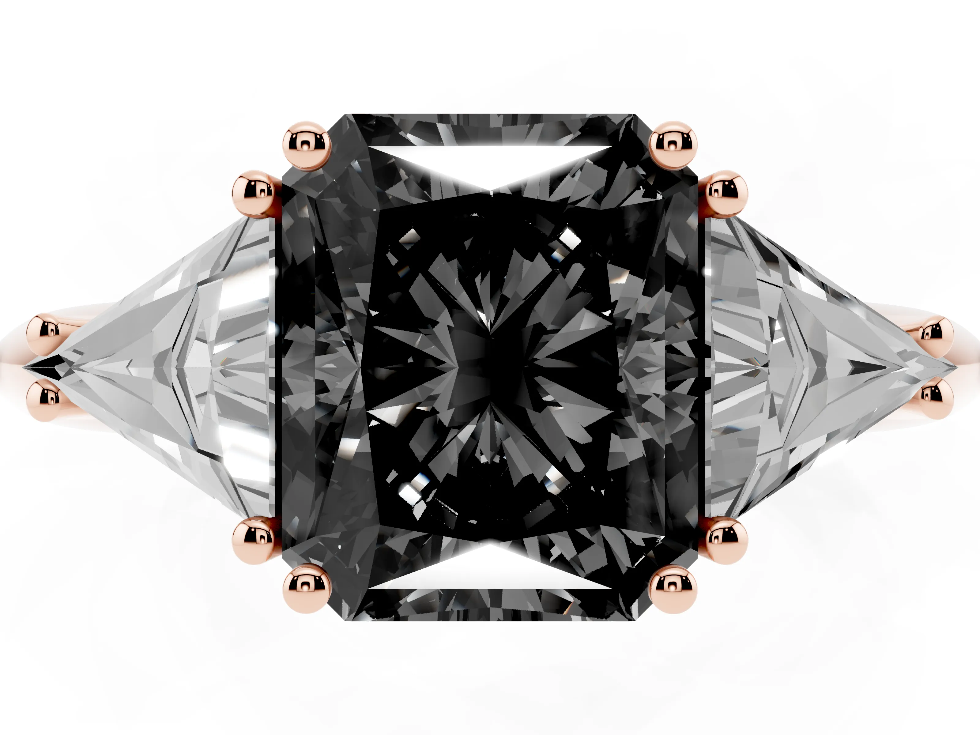 Fancy Black Radiant Cut Diamond Three-Stone Engagement Ring Set in Rose gold with Trillion Side Stones