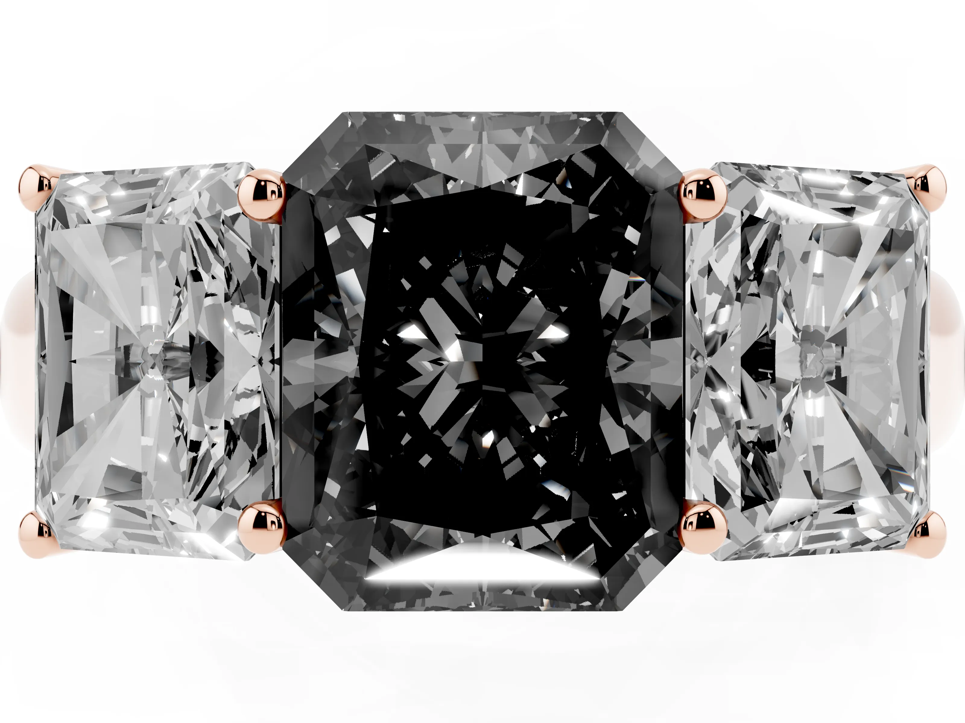 Fancy Black Radiant Cut Diamond Three-Stone Ring Set in Rose gold with Plain Polished Band