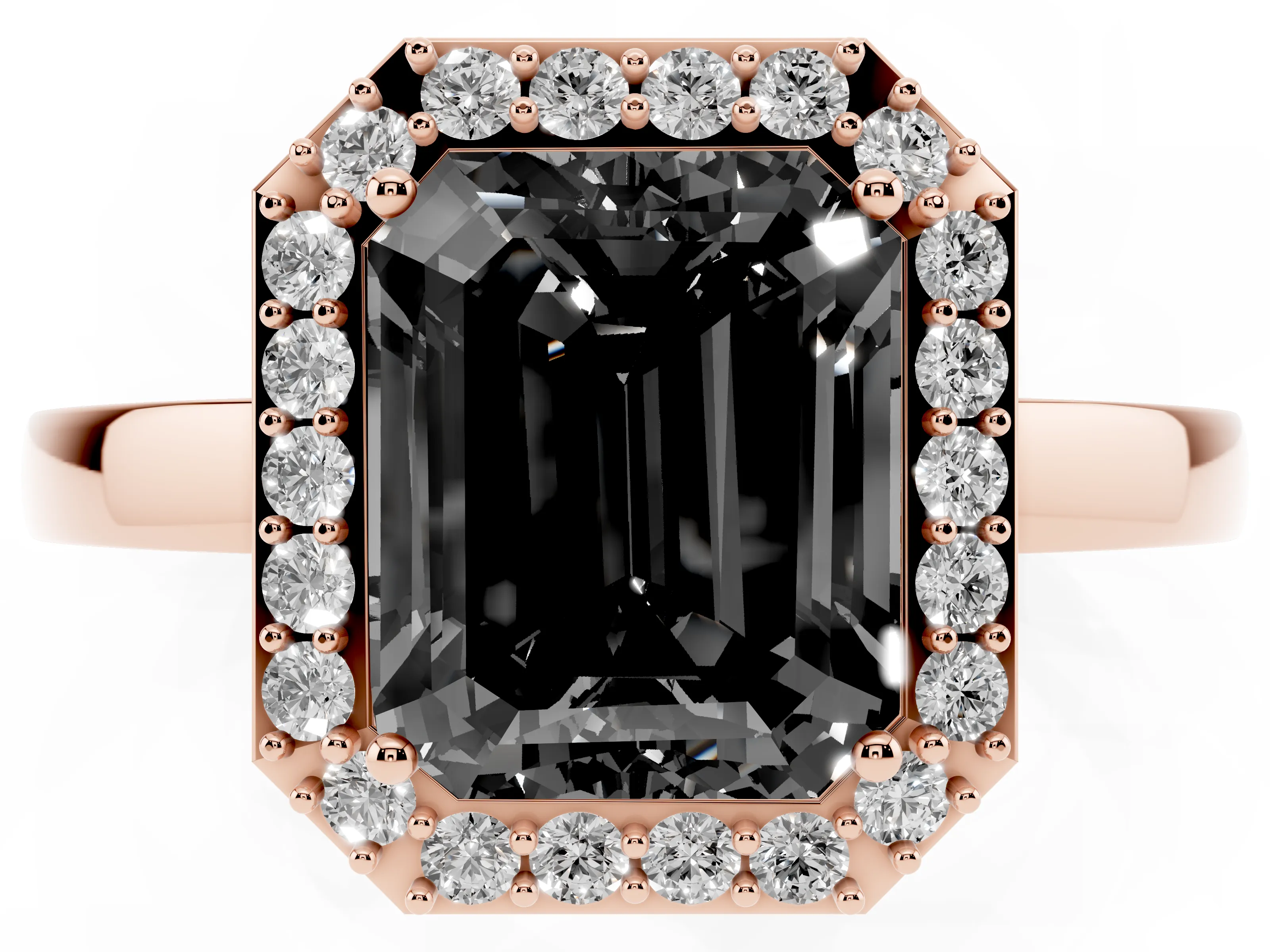 Fancy Black Radiant Cut Diamond Halo Ring Set in Rose gold with Solitaire Band and Prong Setting