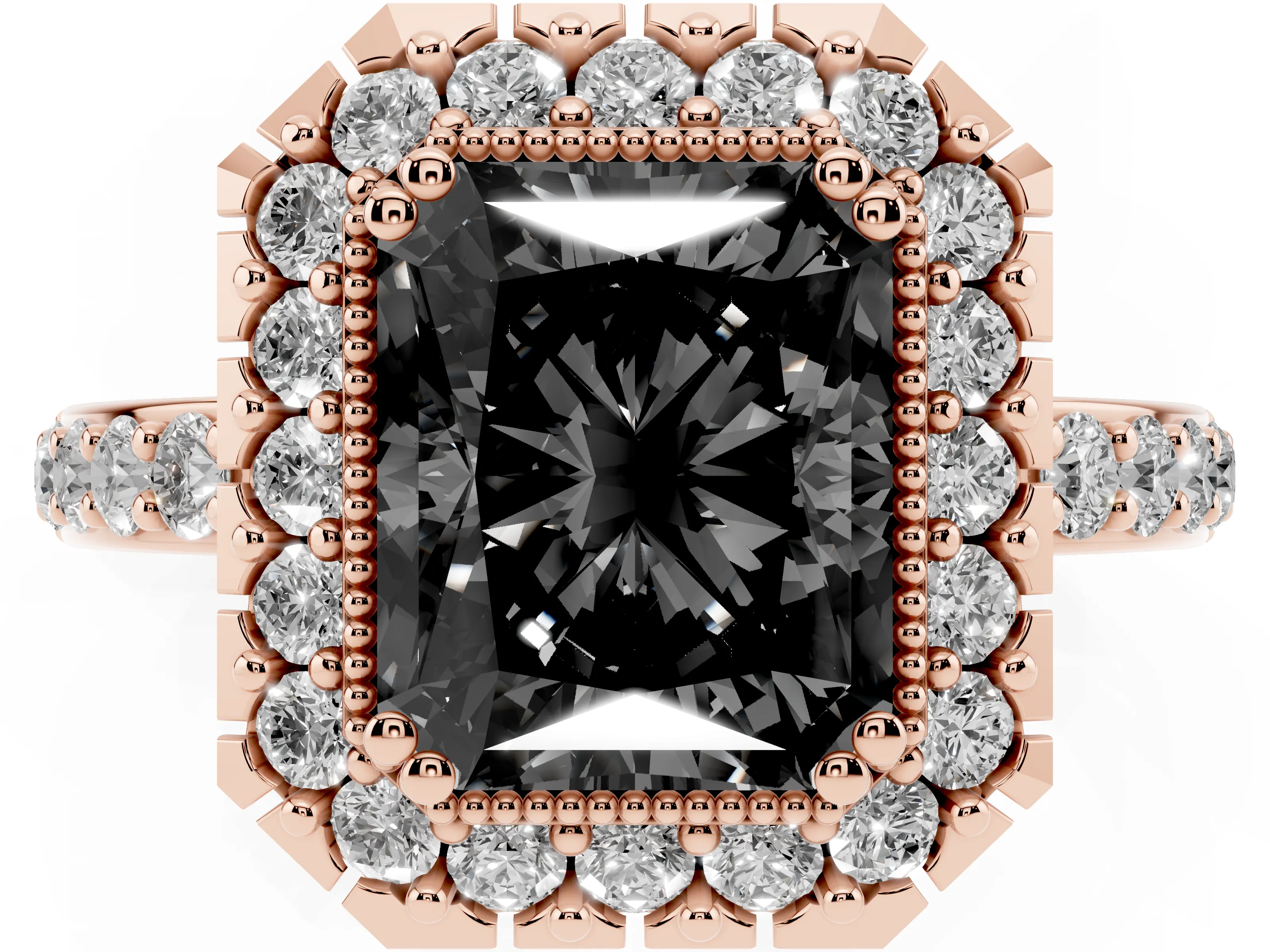 Fancy Black Radiant Cut Diamond Halo Ring Set in Rose gold with Pavé Shank and Prong Setting