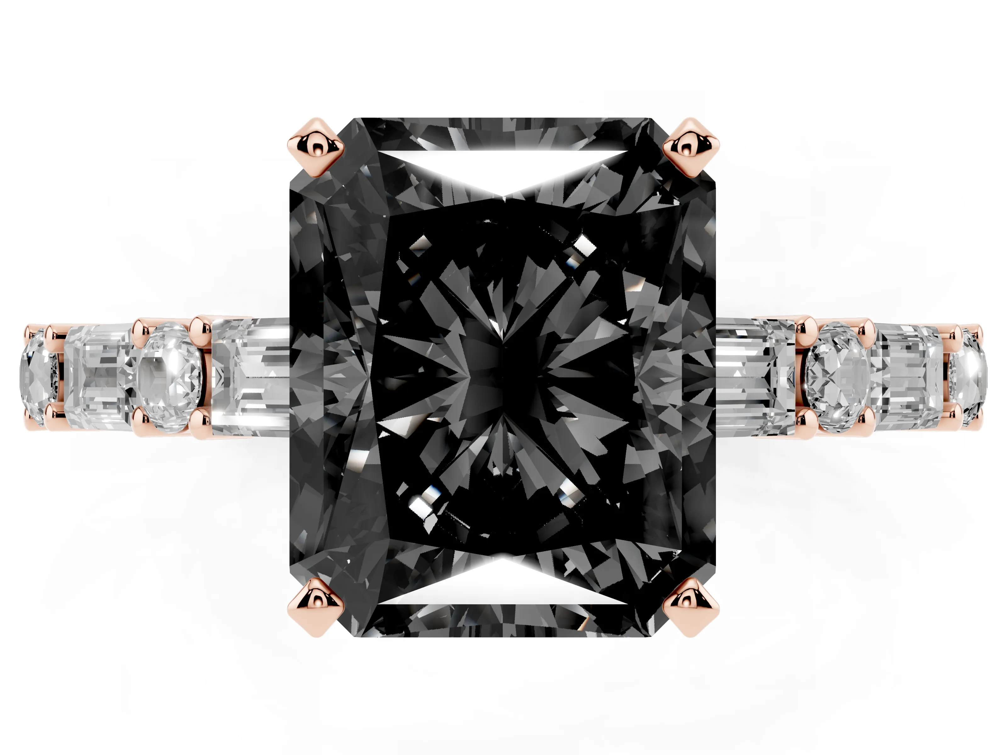 Fancy Black Radiant Cut Diamond Solitaire Set in Rose gold with Side Baguettes and Channel Set Band