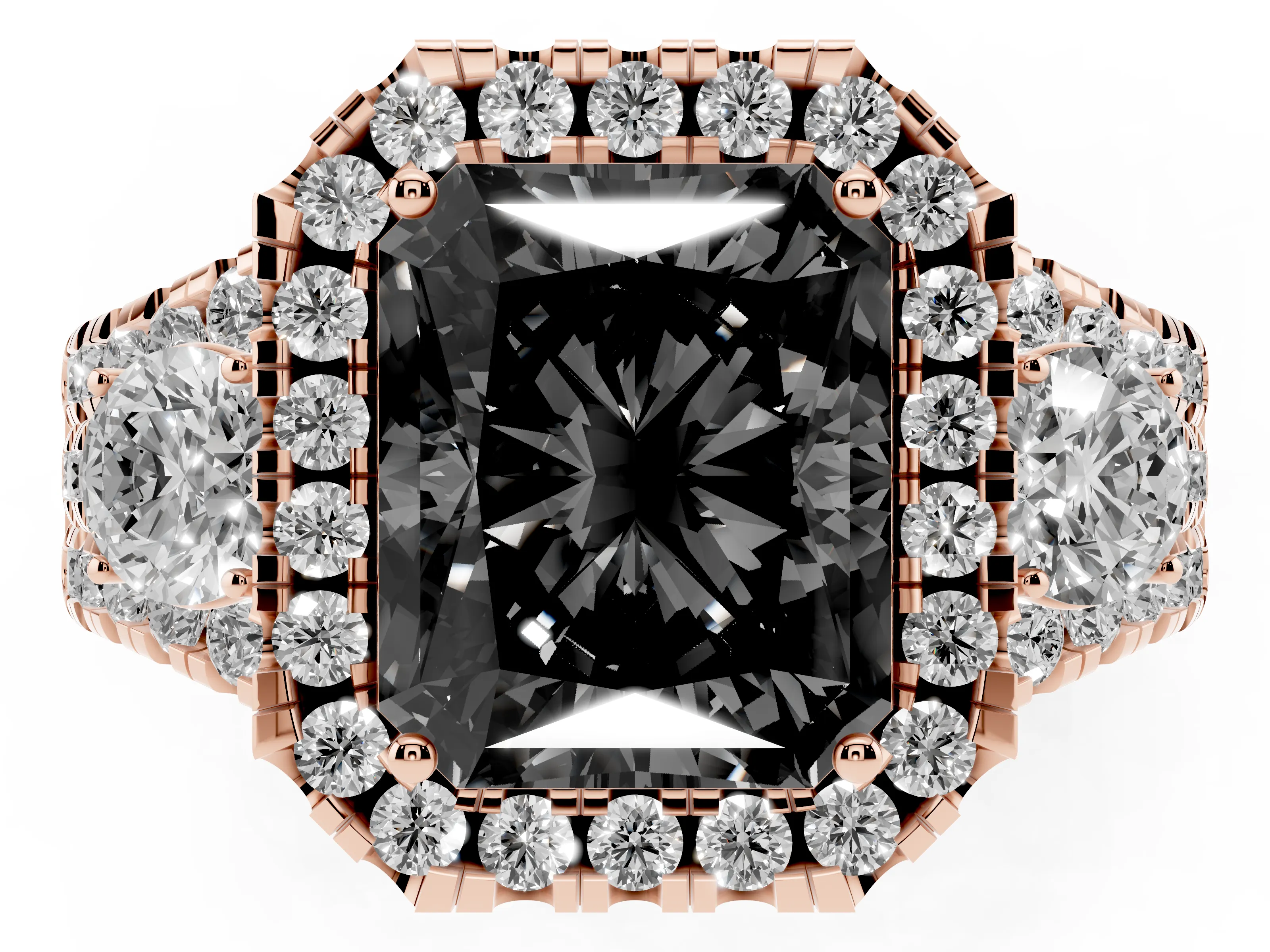 Fancy Black Radiant Cut Diamond Halo Split Shank Ring Set in Rose gold with Round Accent Stones and Prong Setting