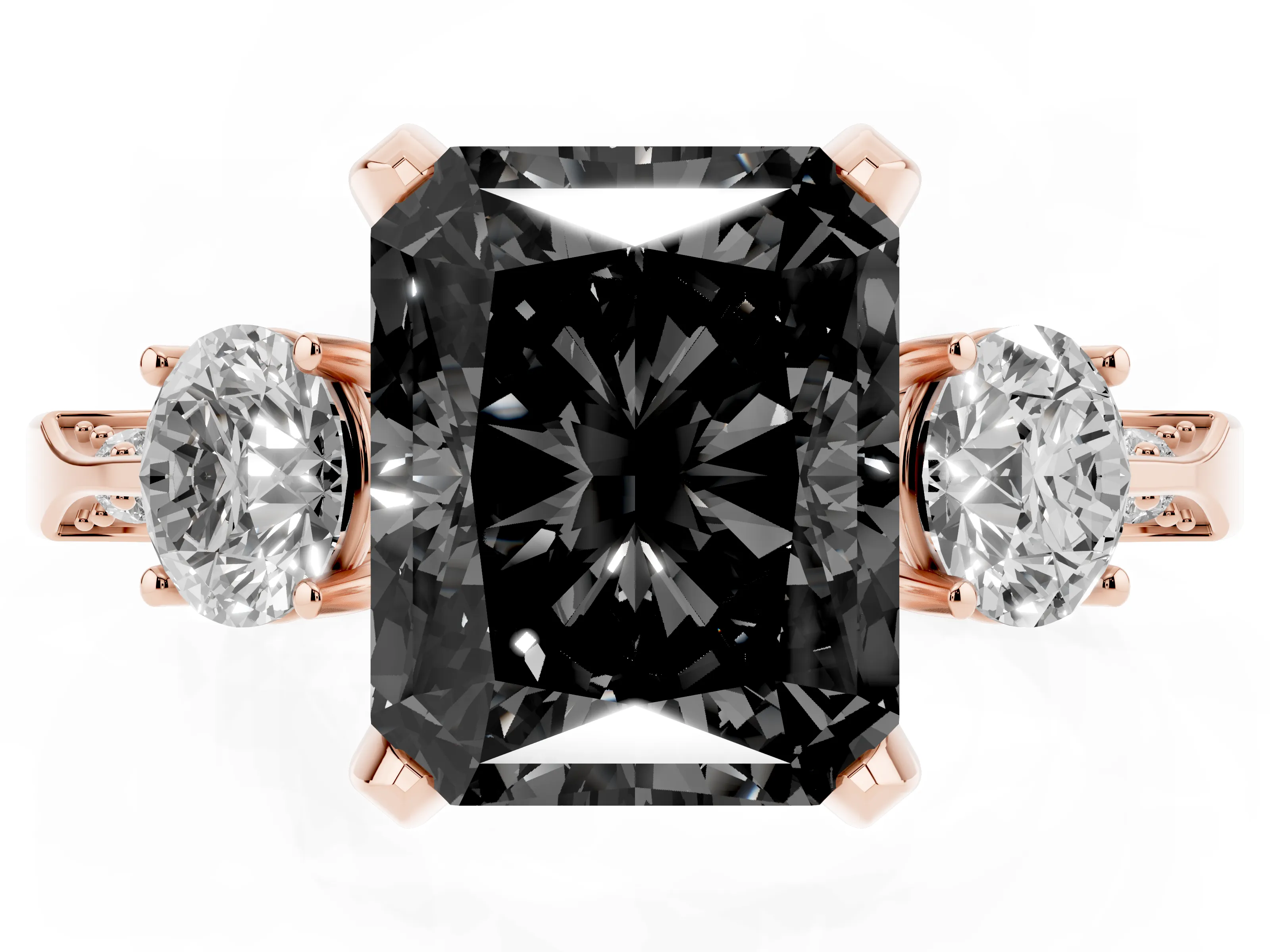 Fancy Black Radiant Cut Diamond Three-Stone Ring Set in Rose gold with Pavé Band and Smaller Side Stones