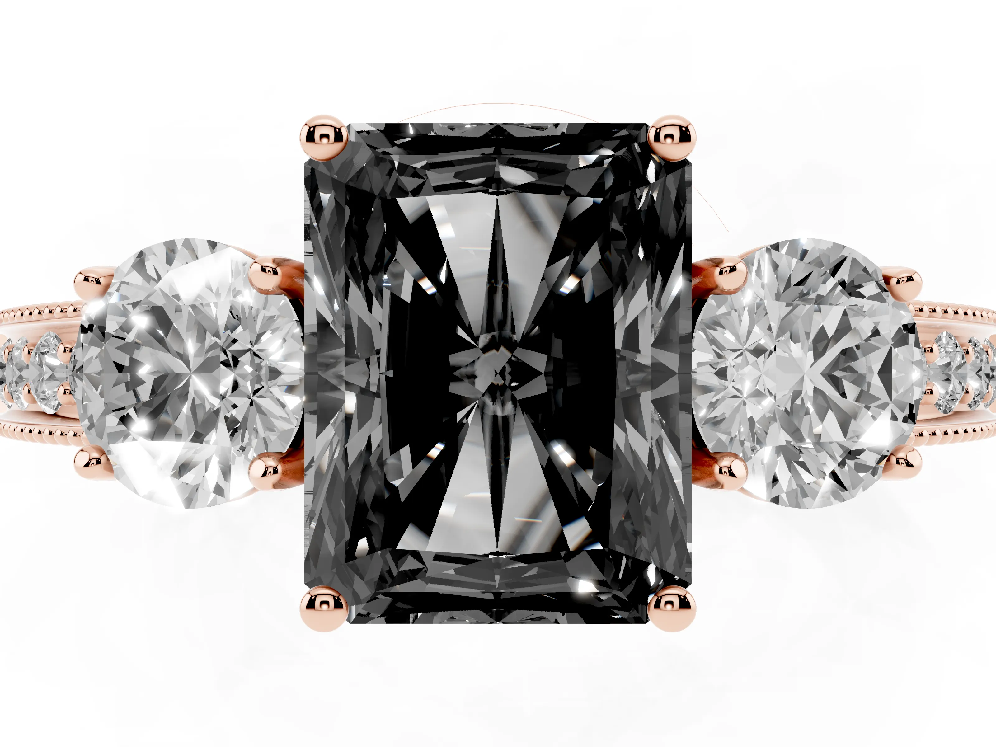 Fancy Black Radiant Cut Diamond Three-Stone Ring Set in Rose gold with Round Side Stones and Pavé Band