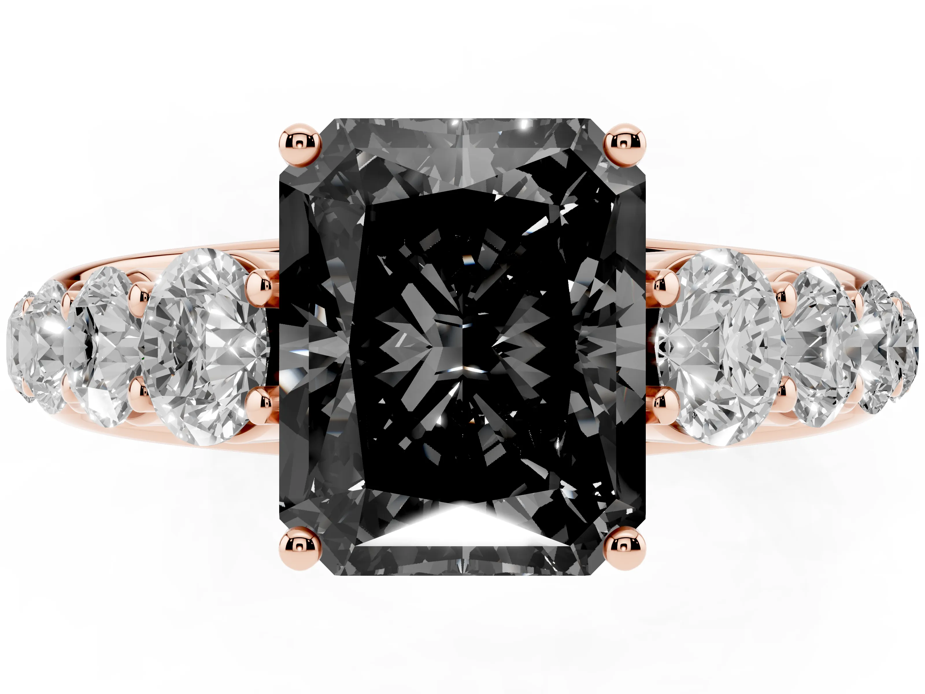 Fancy Black Radiant Cut Diamond Solitaire Ring Set in Rose gold with Pavé-Set Band and Prong Setting