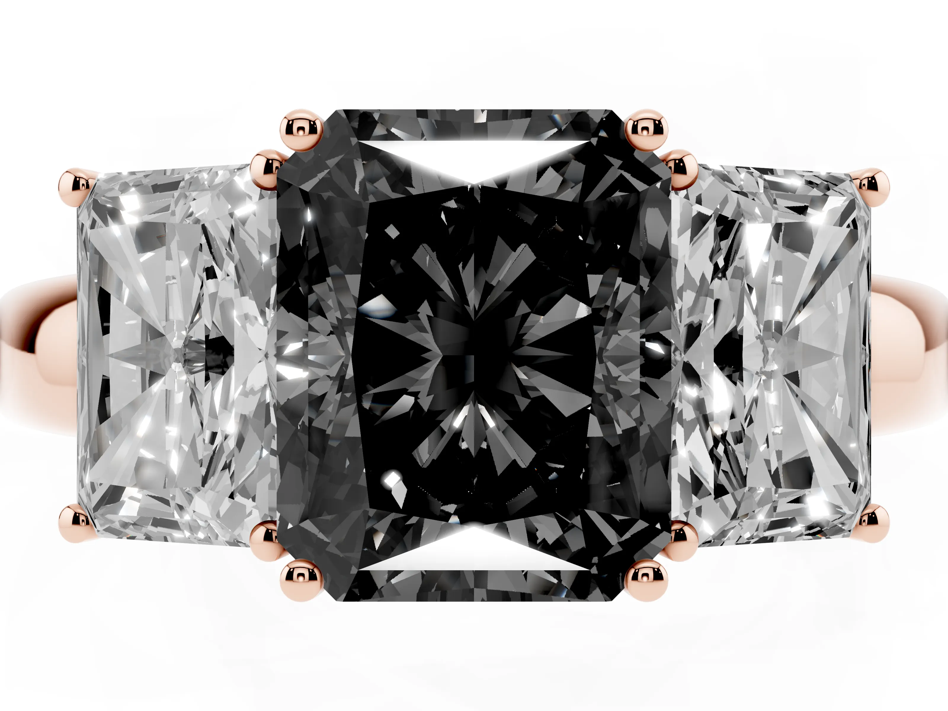 Fancy Black Radiant Cut Diamond Three-Stone Ring Set in Rose gold with Bold Center and Classic Band