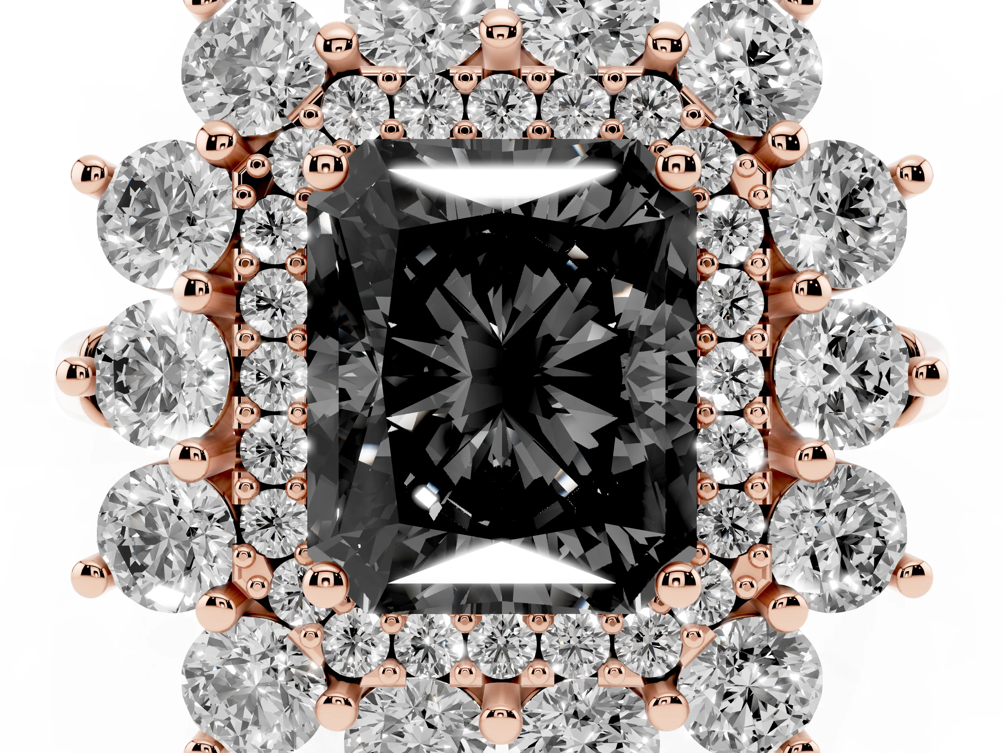 Fancy Black Radiant Cut Diamond Floral Double Halo Ring Set in Rose gold with Round Petals
