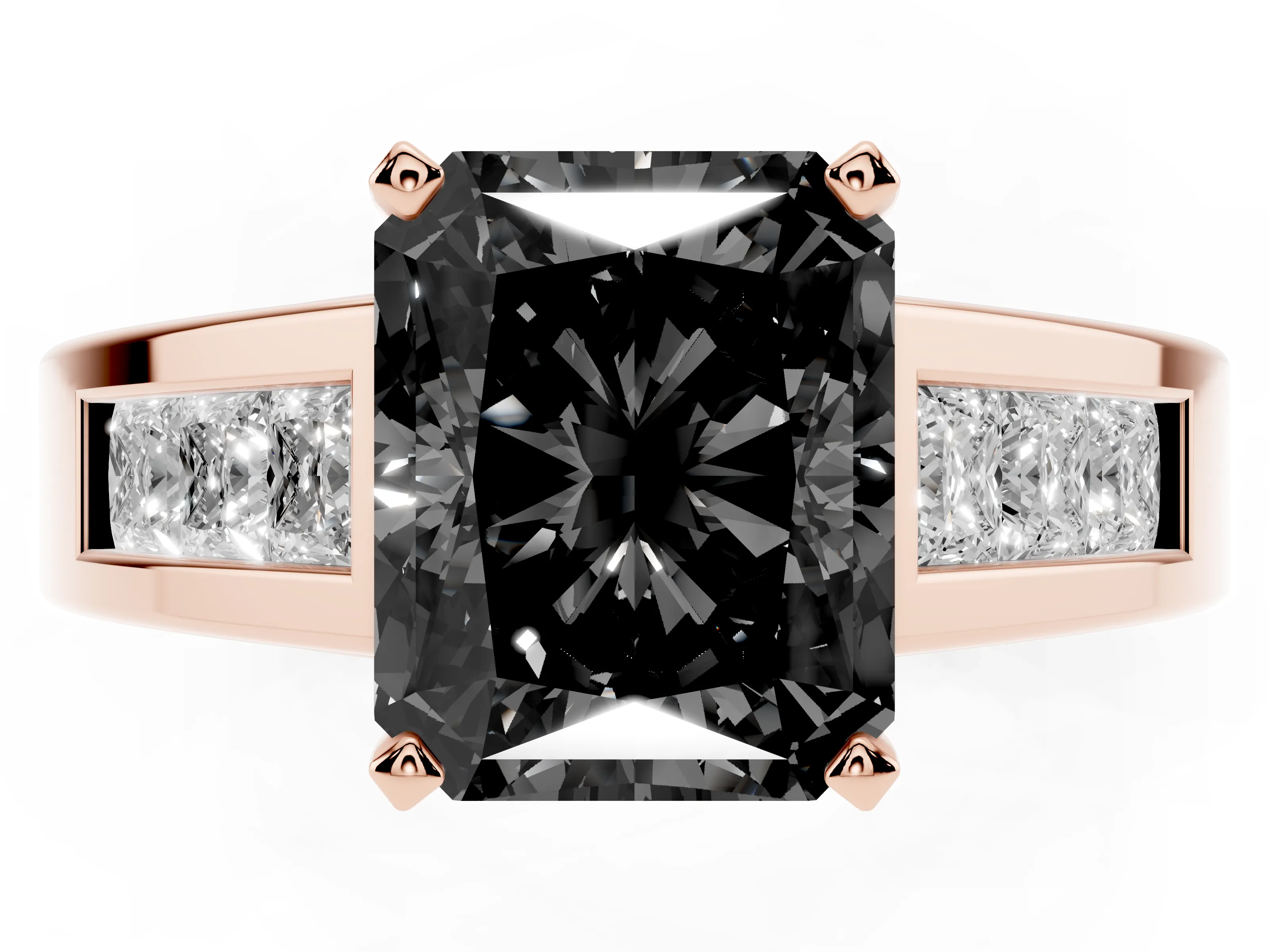 Fancy Black Radiant Cut Diamond Solitaire Ring Set in Rose gold with Channel-Set Accent Stones and Prong Setting